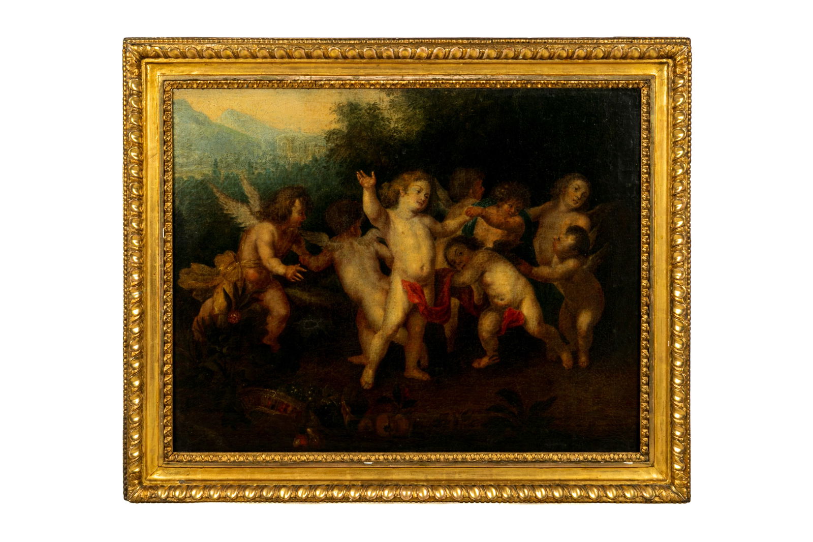 18th C EUROPEAN SCHOOL: Cherubs in Dance with Landscape in Background Oil on Canvas In period carved giltwood frame H.21 1/4" x W. 28 1/4"