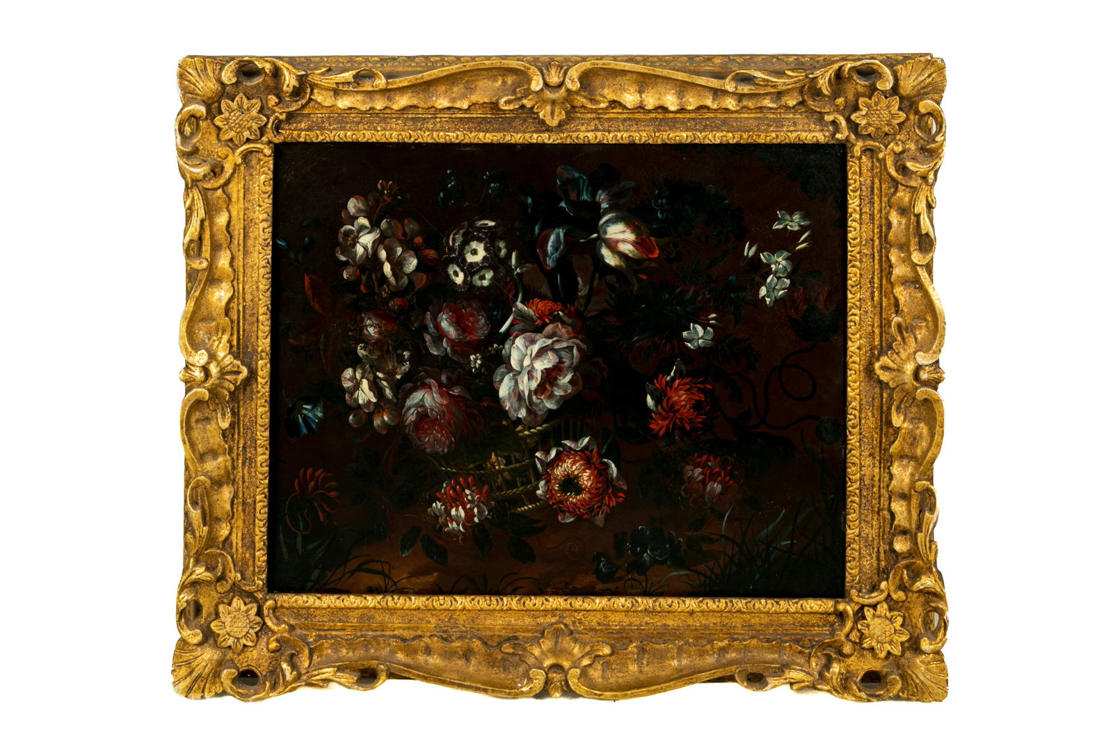 DUTCH SCHOOL (17th / 18th C): Floral still life Oil on tin Antique giltwood frame 18 1/2" x 23 1/2"