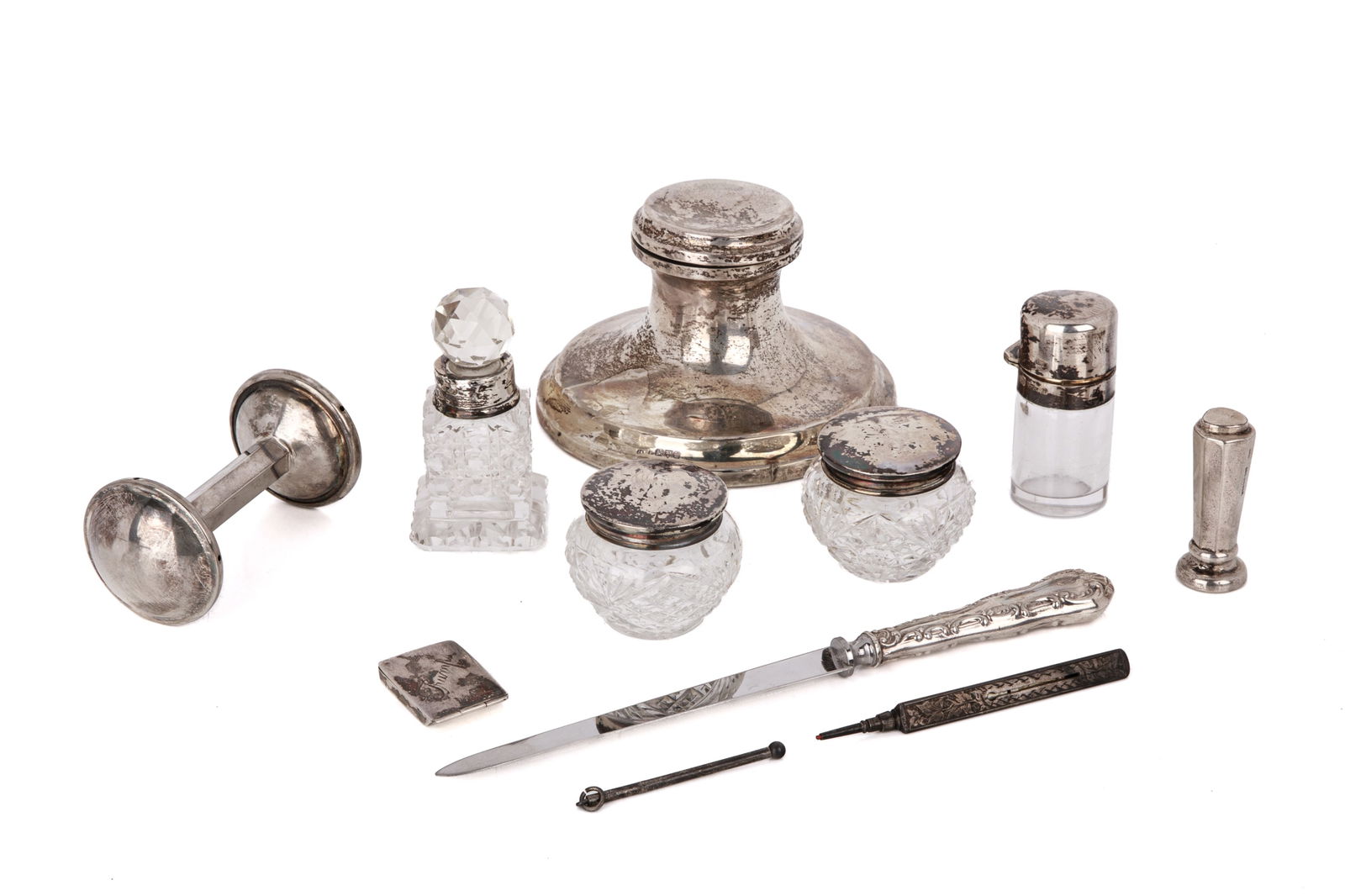 GROUP OF SILVER AND CUT GLASS DESK ITEMS (1 of 4)