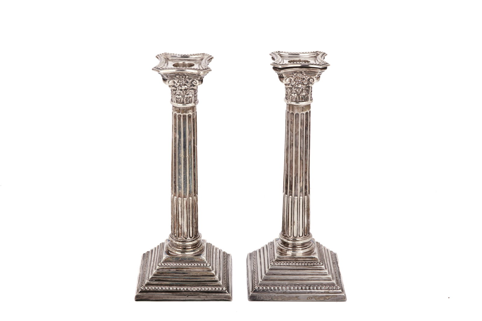 TWO SILVER CORINTHIAN COLUMN FORM CANDLESTICKS (1 of 4)