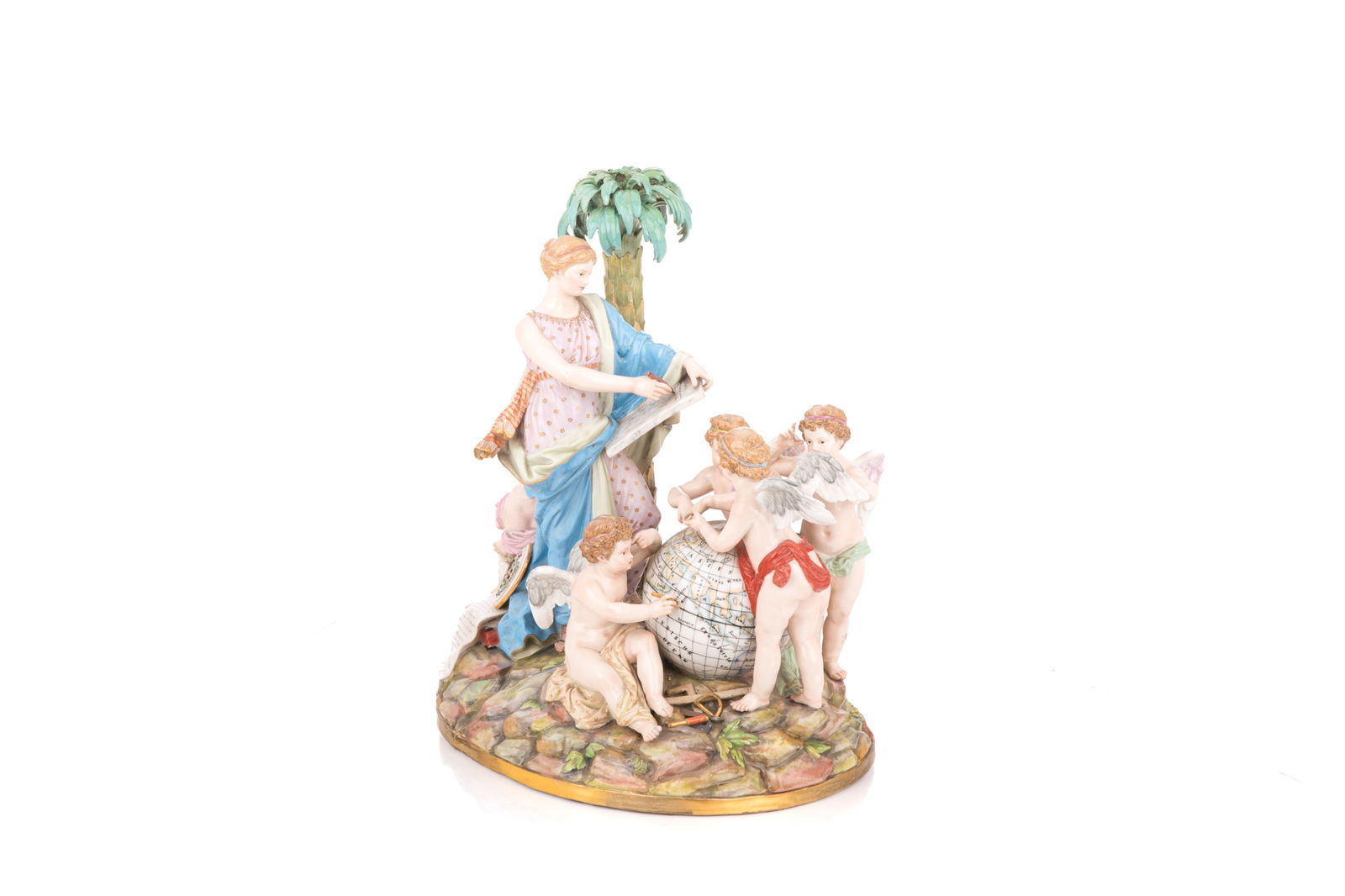 RARE LARGE MEISSEN PORCELAIN FIGURAL GROUP: Allegorical scene of a classical figure standing beneath a palm tree teaching to a group of putti surrounding an atlas globe. Built of two parks, both with cross swords marks.