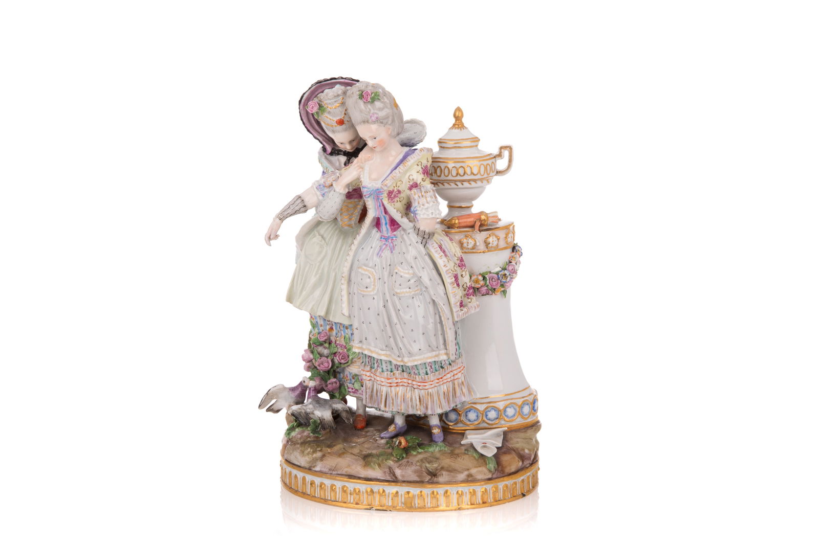 MEISSEN PORCELAIN FIGURAL GROUP OF TWO WOMEN: The Love Letter, moulded after M.V. Acier. Cross Swords mark. H. 9 1/2"