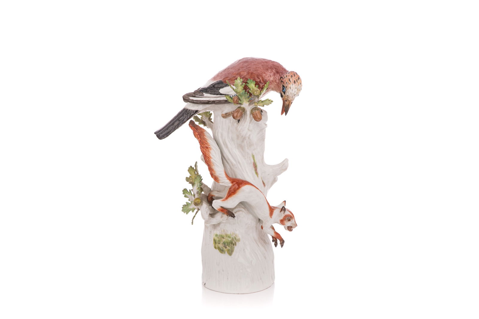 MEISSEN PORCELAIN JAY BIRD & SQUIRREL: Large 19th C hand painted porcelain figure of bird and squirrel on a tree. H 16 1/2" (42 cm)