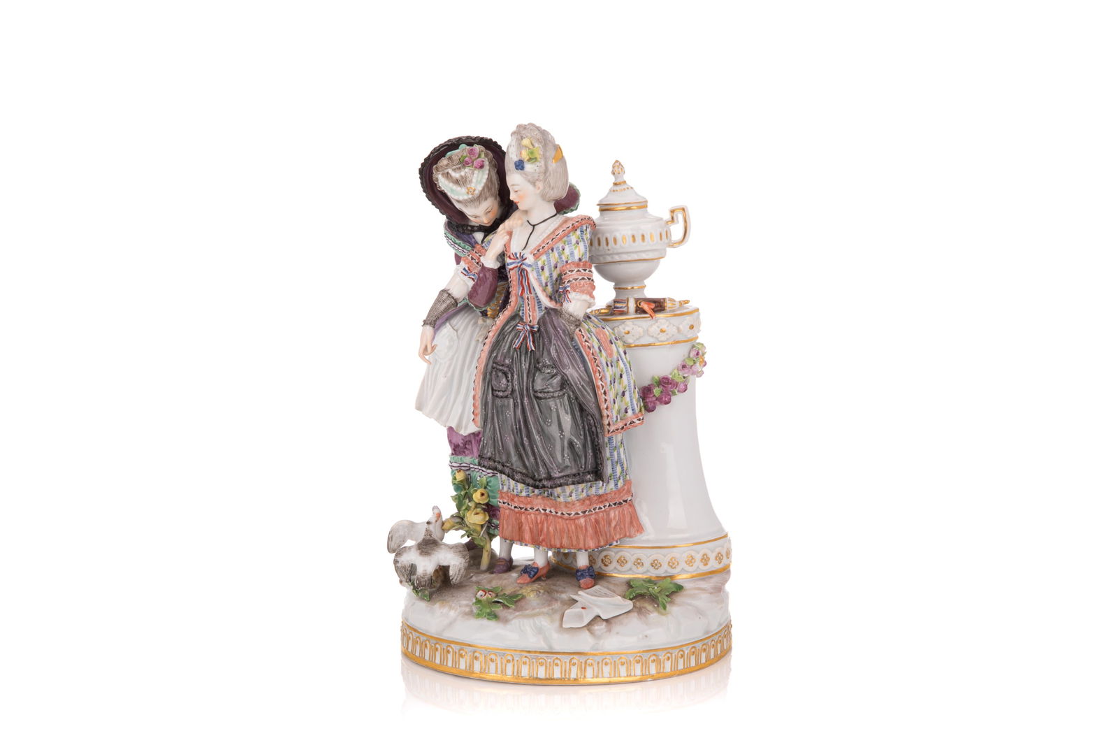 MEISSEN PORCELAIN FIGURAL GROUP OF TWO WOMEN: The Love Letter, moulded after M.V. Acier. Cross Swords mark. H. 9 1/2"