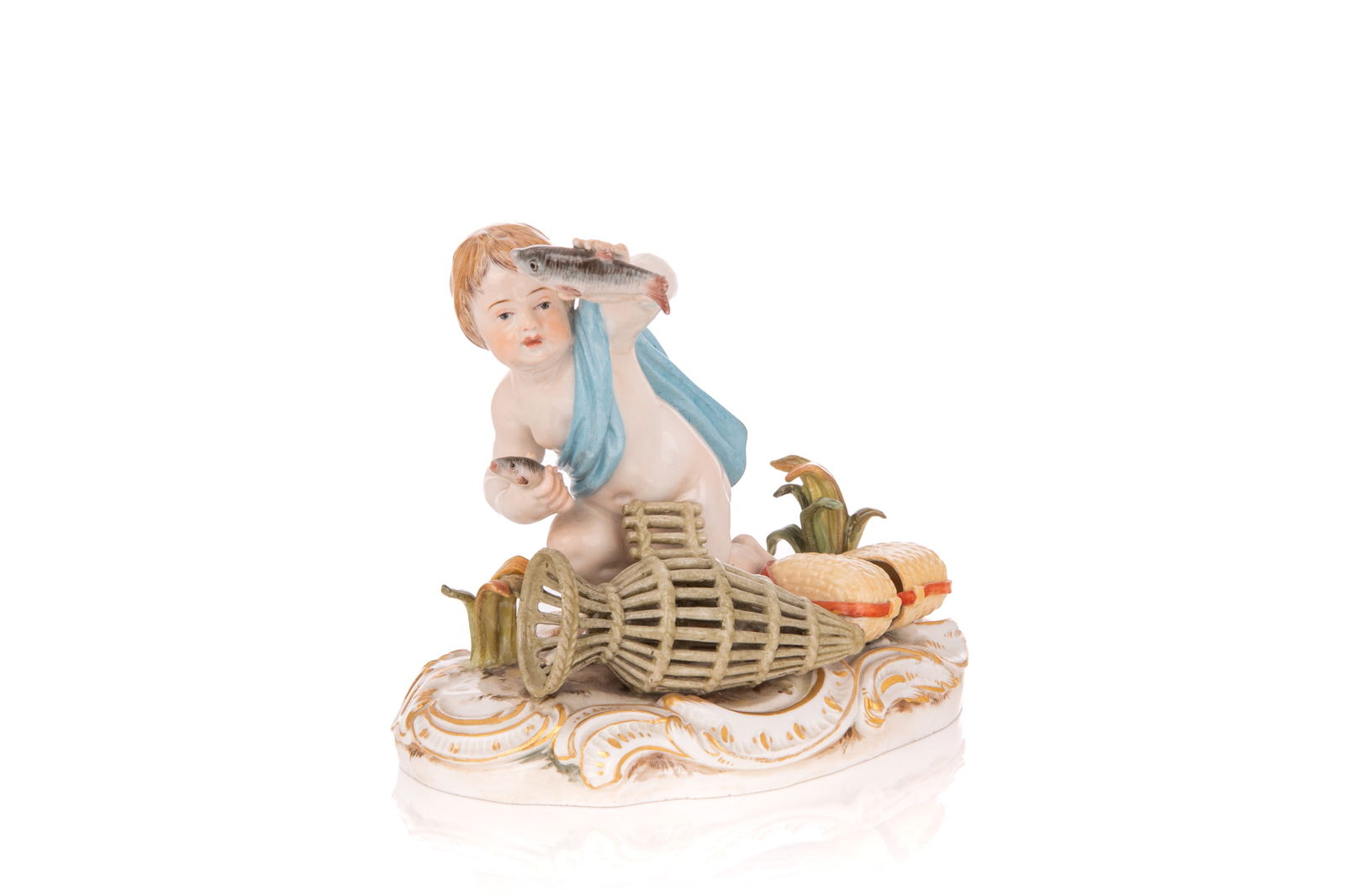 MEISSEN PORCELAIN FIGURAL GROUP FISH CATCHER: Of a putti holding fish and kneeling next two an open net, cross swords marks. H. 4"