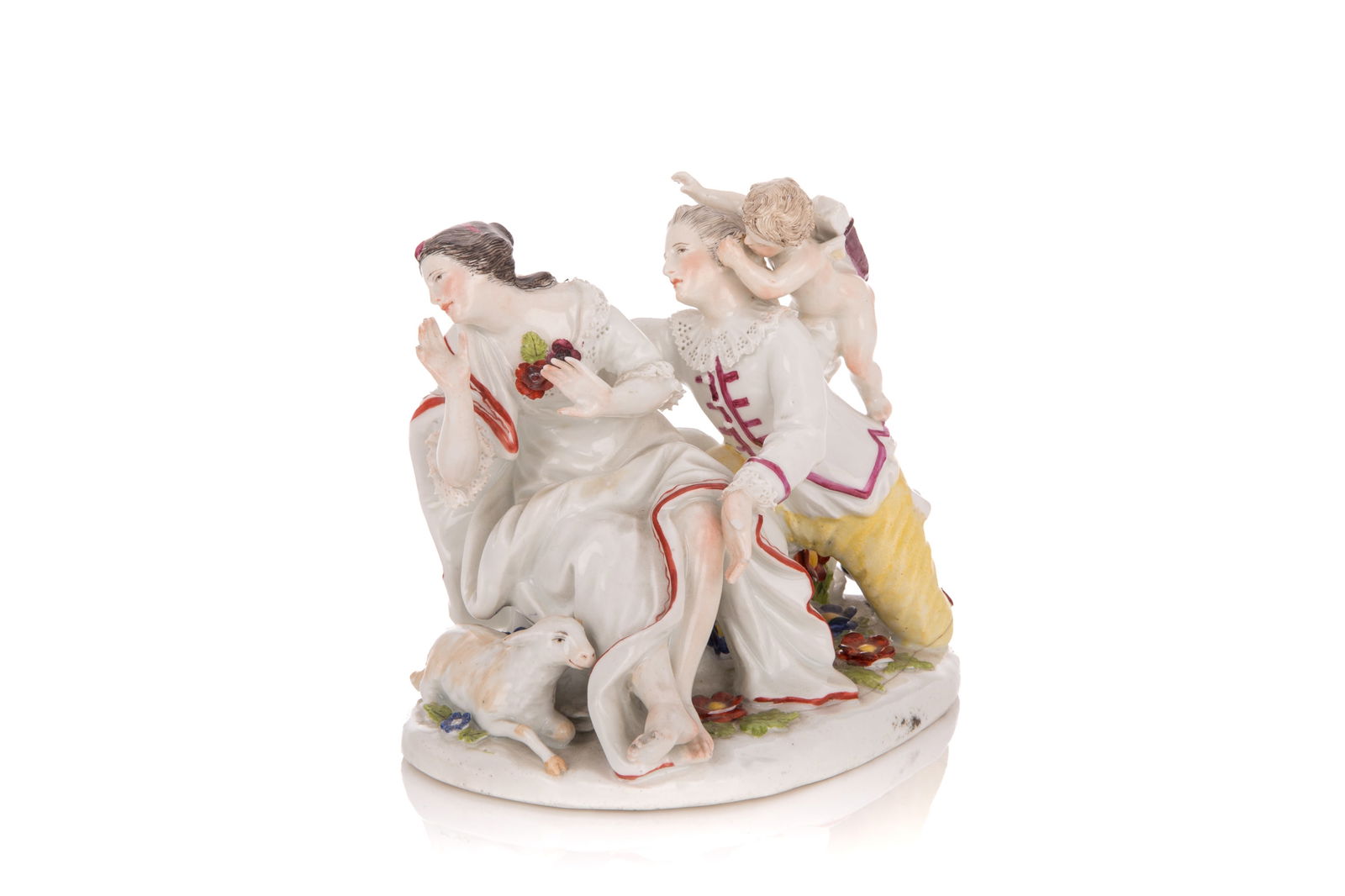 ANTIQUE GERMAN PORCELAIN FIGURAL GROUP: Of two figures with a goat and cherub, unmarked flat unglazed base, Possibly early Meissen. H. 5 1/2"