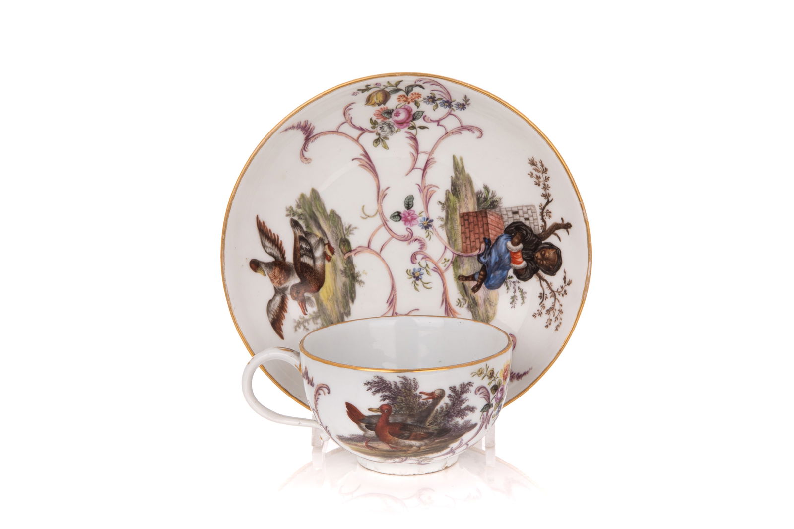 MEISSEN HAND PAINTED PORCELAIN CUP & SAUCER: Hand painted with animals playing instruments, cross swords marks. Dia of saucer 5 1/2in