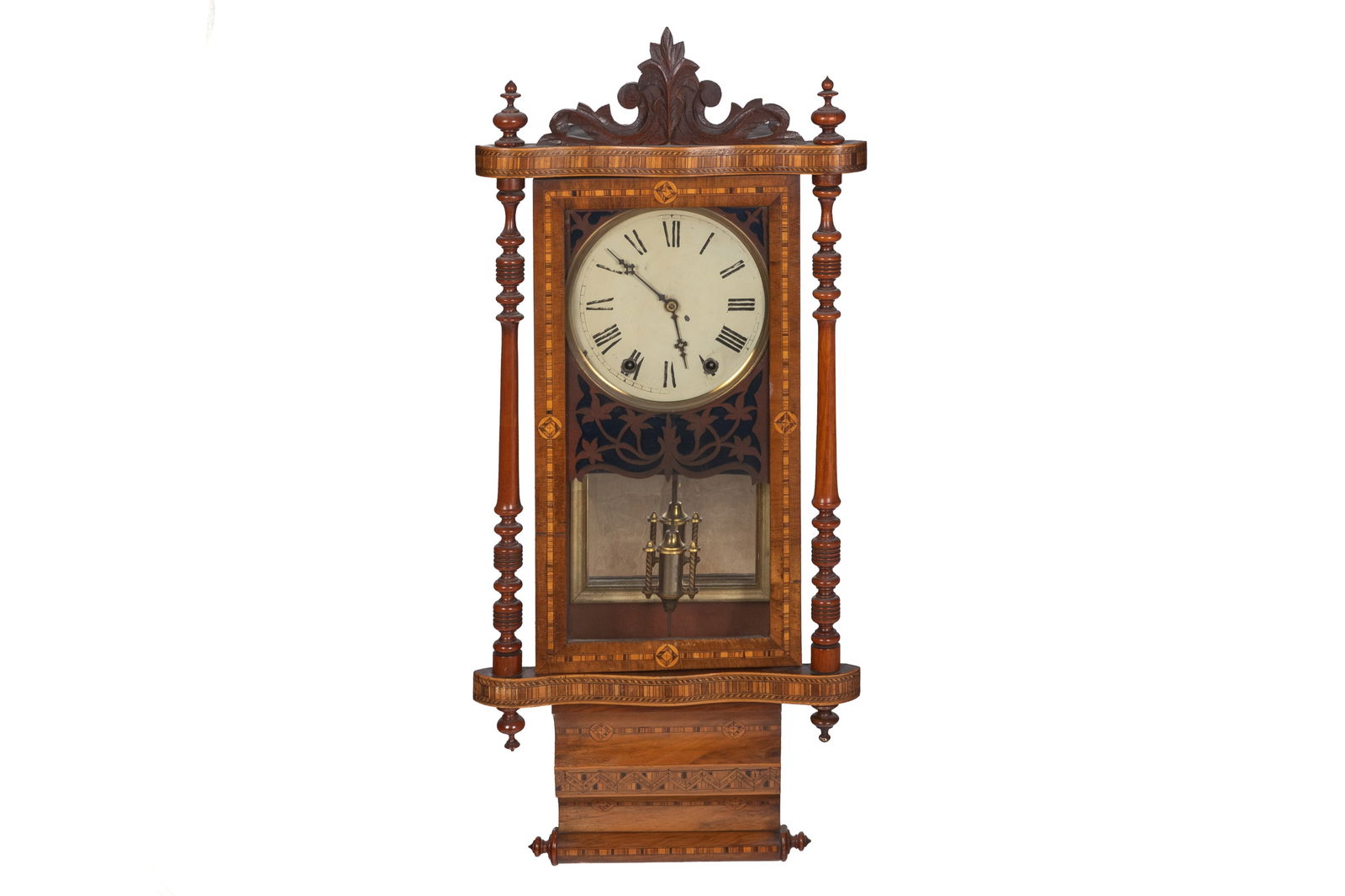 19th C MIXED INLAY WALL CLOCK: Probably English Victorian with mixed fruitwood banding and turned supports. H. 36"