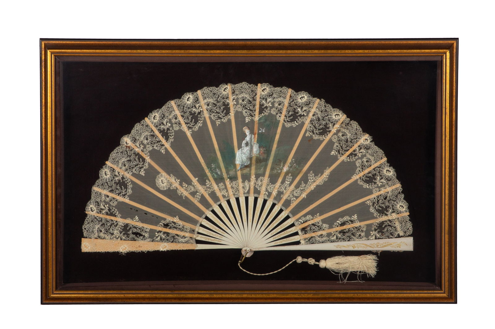 FRAMED ANTIQUE PAINTED & EMBROIDERED LACE FAN (1 of 3)