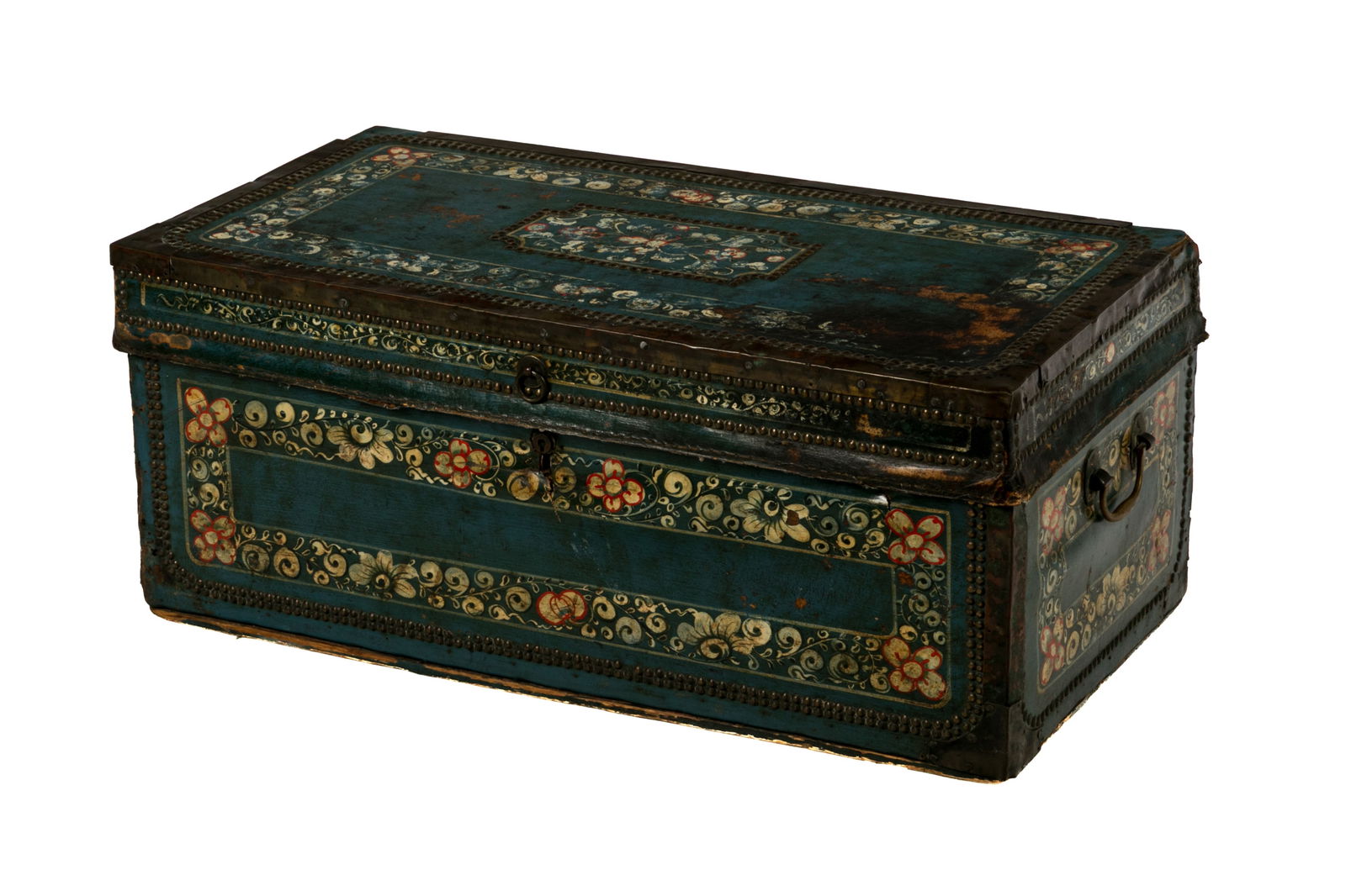 ANTIQUE CHINESE EXPORT PAINTED LEATHER TRUNK: Traditional blue leather covered chest with painted floral decoration, studded details and brass hardware. H. 13 x W. 30" x D. 15"