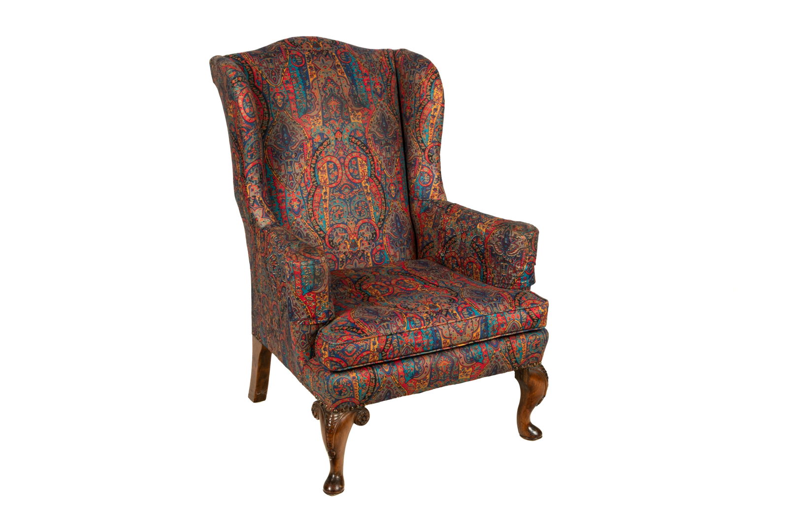 GEORGE II FORM WINGBACK ARMCHAIR: With modern upholstery, probably English, early 20th C. H. 43" x W. 31" x D. 23"