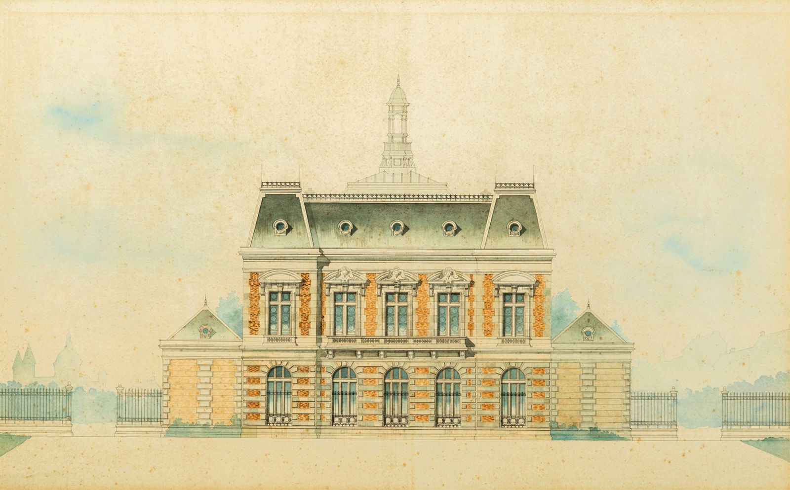 18th C HAND-COLORED ARCHITECTURAL ENGRAVING (1 of 4)