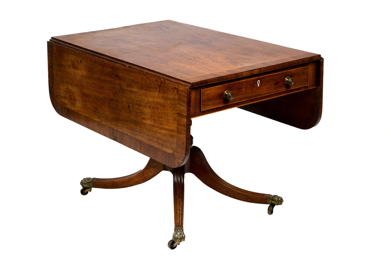 GEORGE III ENGLISH MAHOGANY SOFA TABLE: Pedestal base with pembroke style drop leaf top and single drawer, English, late 18th C. H 29" x W 26" x D 40"Open W 52"