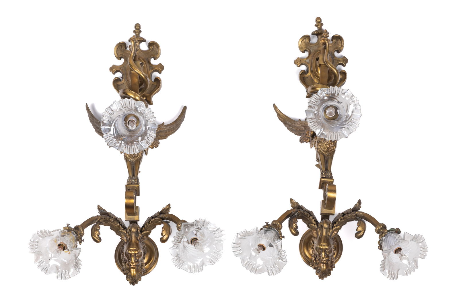 PAIR OF FIGURAL BRONZE THREE LIGHT WALL SCONCES (1 of 3)