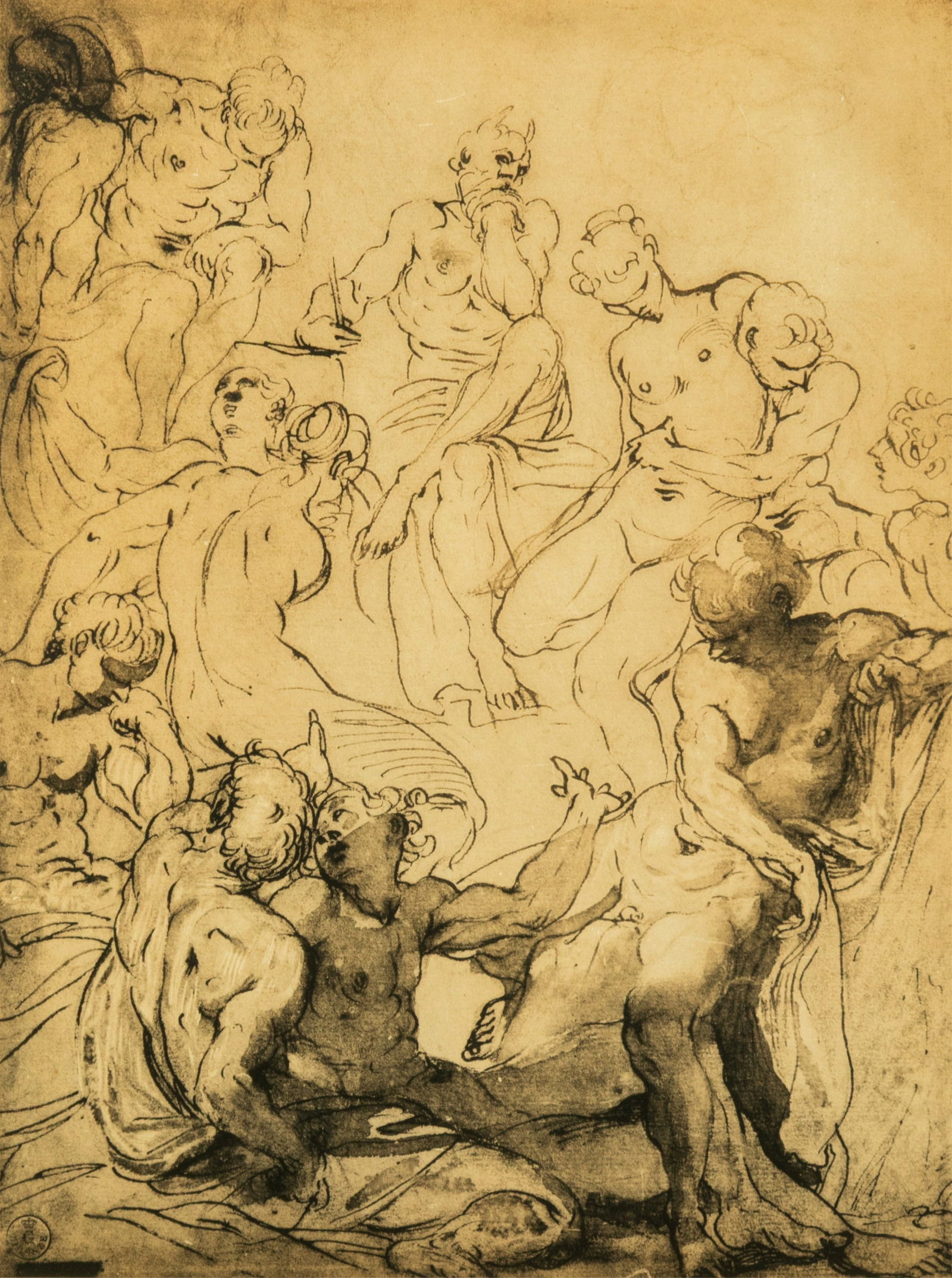 ITALIAN SCHOOL (19th C): Bacchanalian crowd scene Neoclassical style aquatint etching 12 3/4" x 9 1/2"