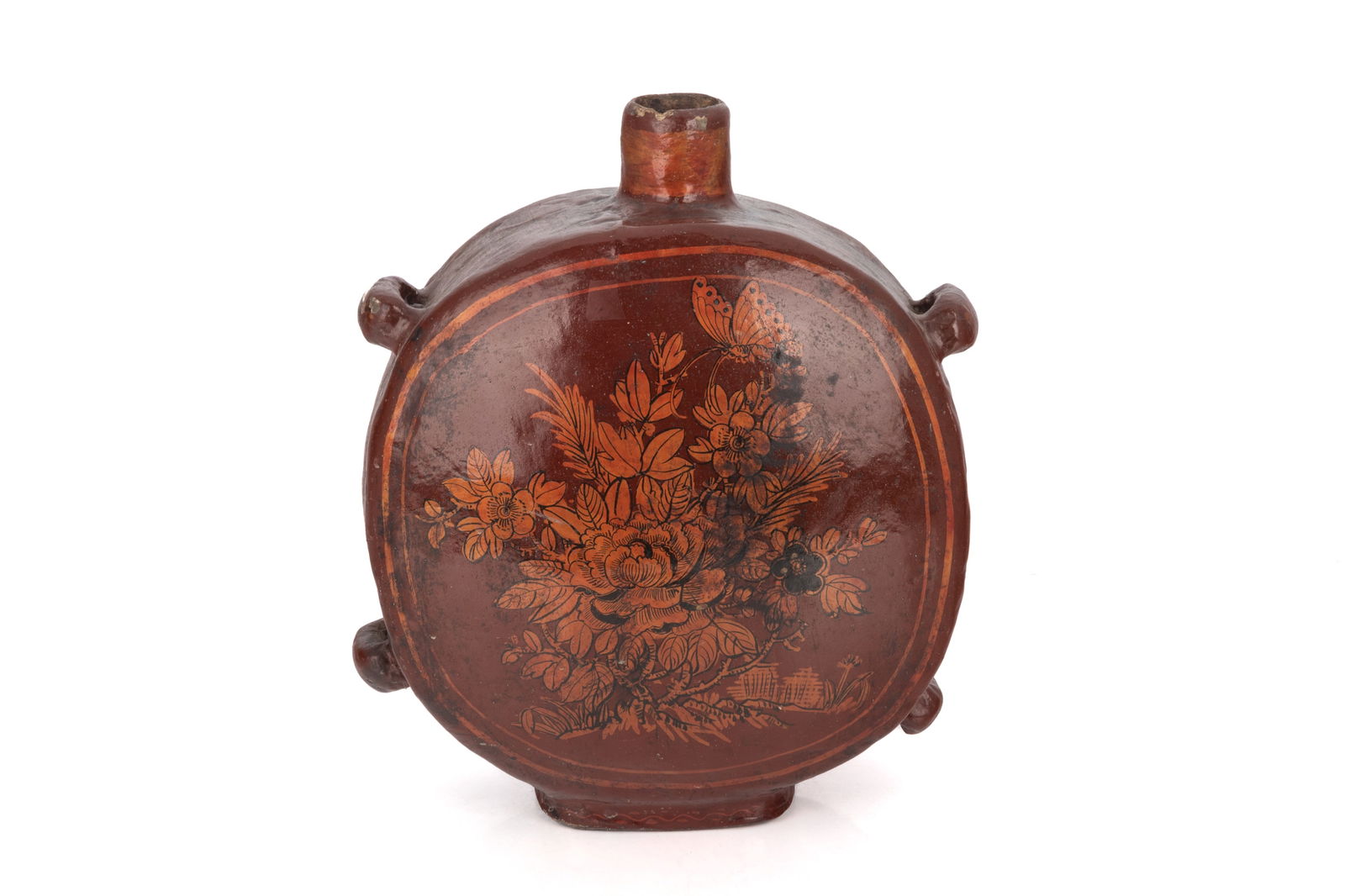ANTIQUE REDWARE POTTERY FLASK: With floral and butterfly painted decoration, possibly Dutch, age unknown. H. 11 1/4" x W. 10 1/4" x D. 4 1/2"