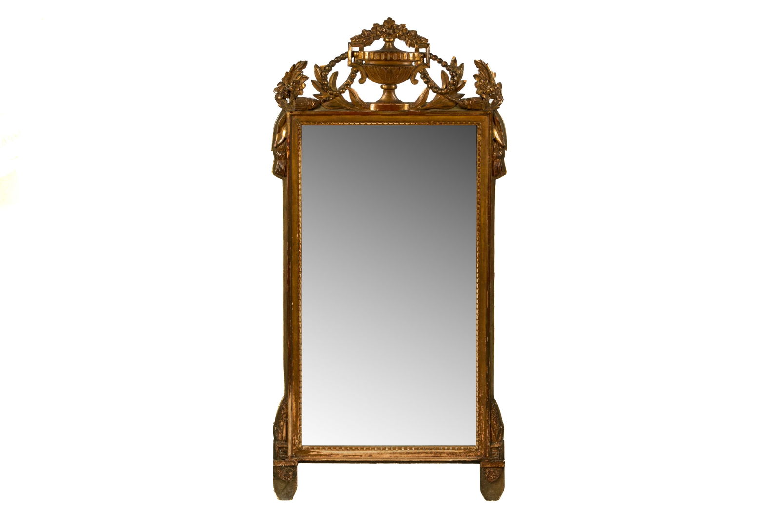 19TH C CARVED GILTWOOD MIRROR: Neoclassical urn finial with beaded and foliate decoration, 18th / early 19th C. H. 51" x L. 22"