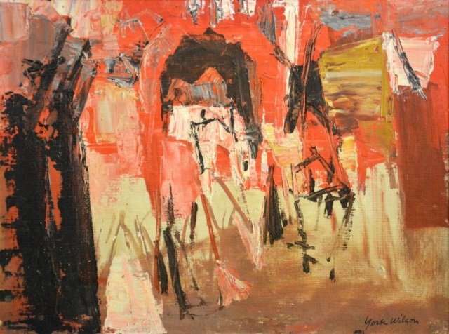 RONALD YORK WILSON (Canadian, 1907-1984): THE SOUKS-MARRAKECH Oil on board. Signed lower right 12 in. x 16 in. (30.5 cm. x 40.6 cm) Provenance: Roberts Gallery label, Private collection, Windsor, Ontario