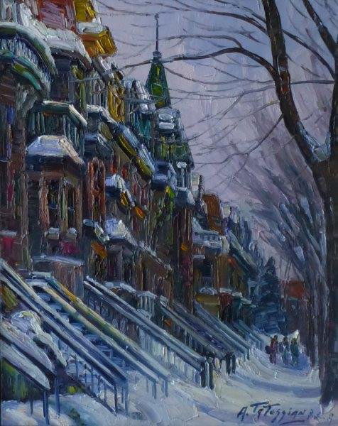 ARMAND TATOSSIAN, RCA (Canadian, 1948 - ): RUE SHERBROOKE Oil on canvas. Signed lower left. Titled verso 30 in. x 24 in. (76.2 cm. x 60.96 cm.) Provenance: Purchased from the artist by owner