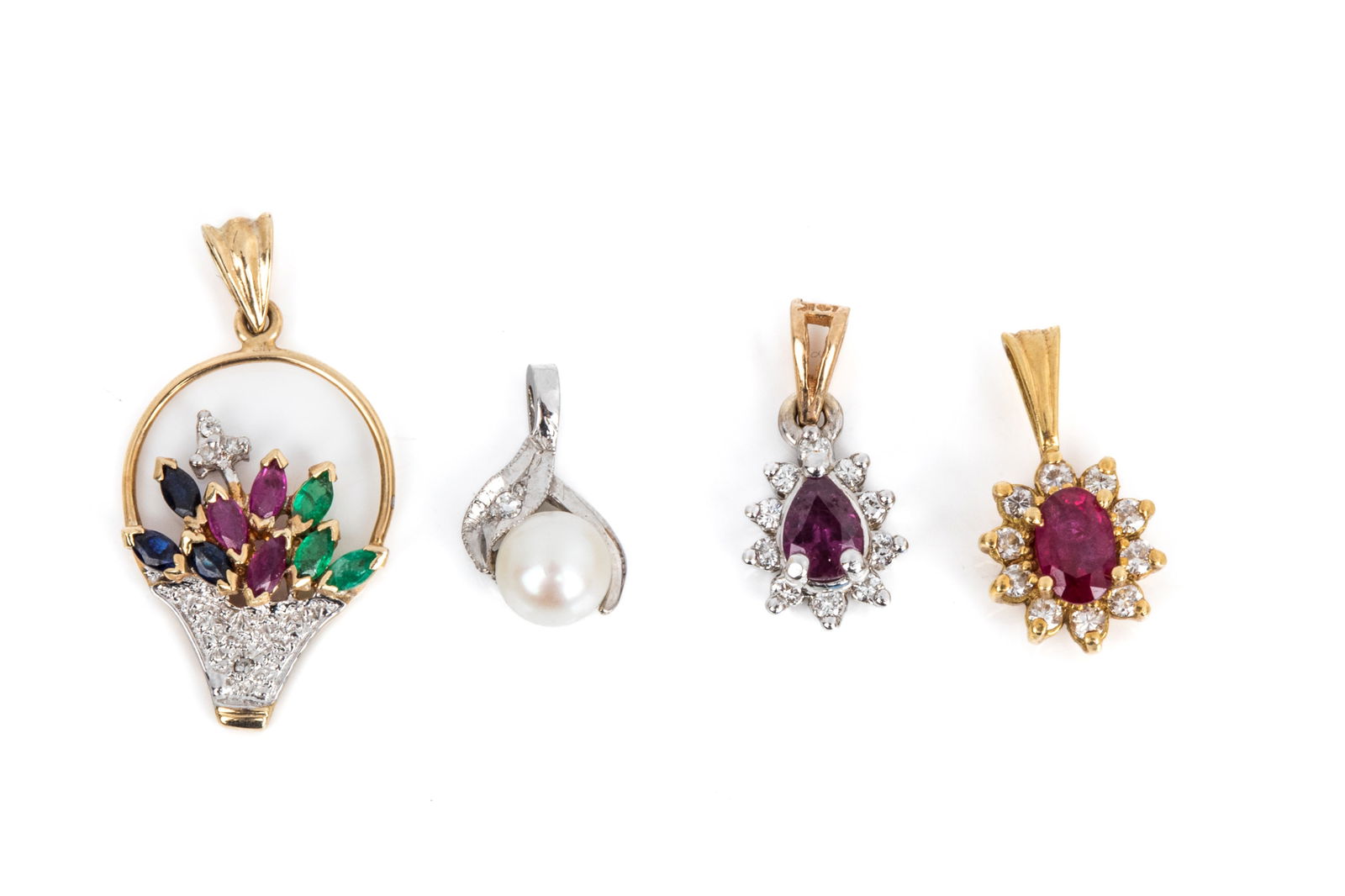 FOUR PETITE GOLD & GEMSTONE PENDANTS, 10K-14K, 5.1: 10K yellow and white gold flower basket pendant measuring 27.2mm long by 13.9mm wide. Featuring marquise faceted rubies, sapphires, and emeralds, accented by petite round single cutdiamonds. 1.2 grams