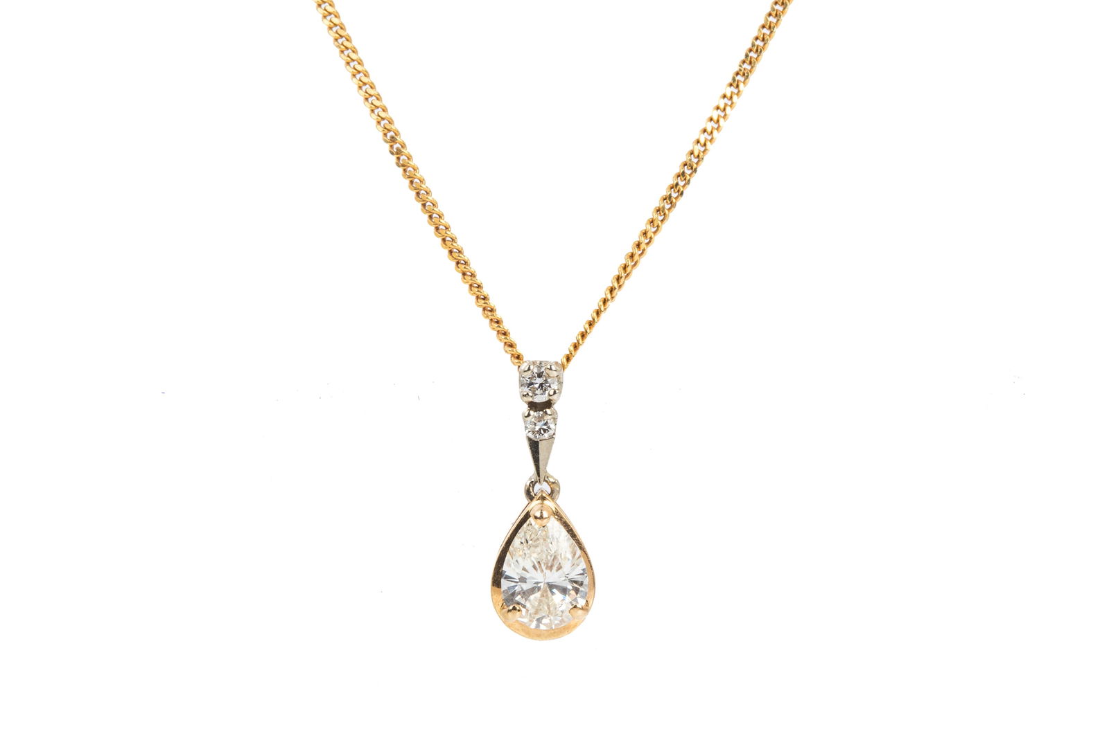 14K 0.54ct PEAR DIAMOND NECKLACE 2.2g: 14K yellow and white gold articulated pendant measuring 15.3mm long by 5.6mm wide, accompanied by 15 inch long 0.9mm wide 14K yellow gold curb link chain.Featuring 1 pear brilliant cut diamond weighin