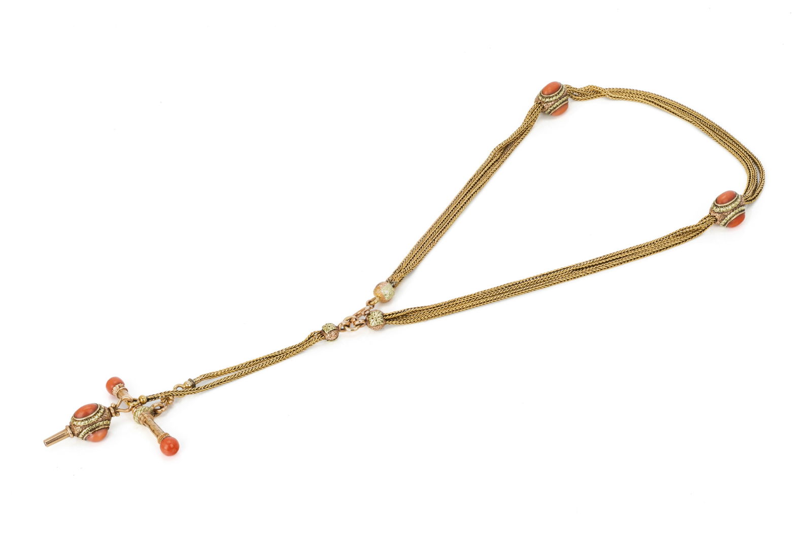 14K VICTORIAN TRI-GOLD & CORAL ALBERT CHAIN 27.9g: Late Victorian era Albert Chain Yellow, rose, and green gold testing approximately 14K, measuring 14 inches to 16 inches long Featuring a rotating toggle bar, decorative pocket watch key, and 2 bolero