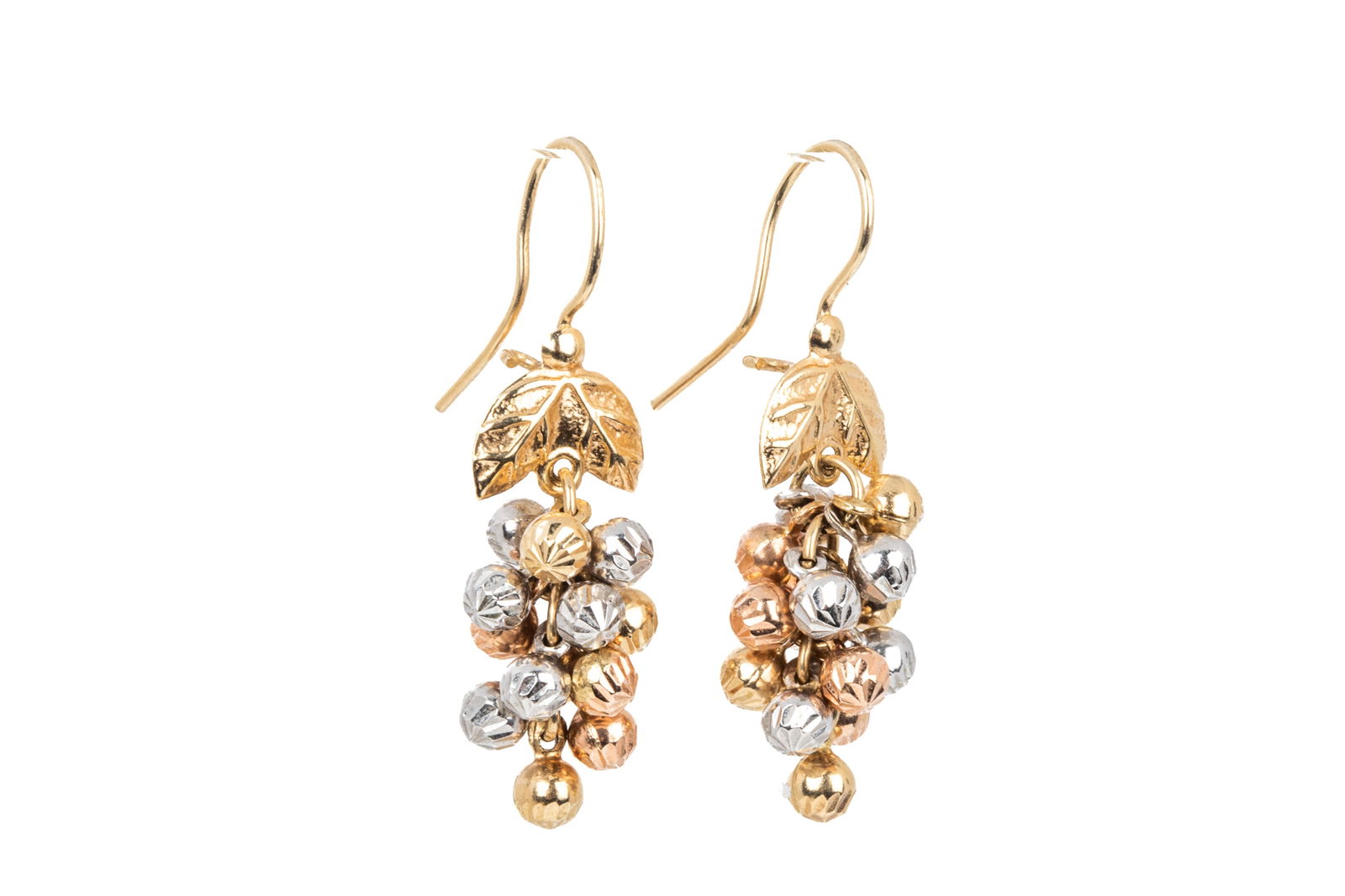 14K TRI-GOLD GRAPE CLUSTER EARRINGS 6.2g: Measuring 38.6mm long by 10.7mm wide, equipped with shephard hooks with locks. Fully articulated for full movement during wear. 6.2 grams