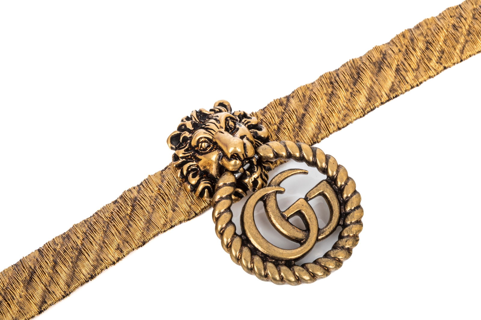 GUCCI MARMONT LION HEAD GG CHOCKER, POUCH: Made in Italy gold tone Gucci Marmont Lion Head GG chocker necklace measuring between 12 to 14.75 inches wearable length, by 11.7mm thick, featuring 40.2mm long centerpiece.Accompanied by Gucci