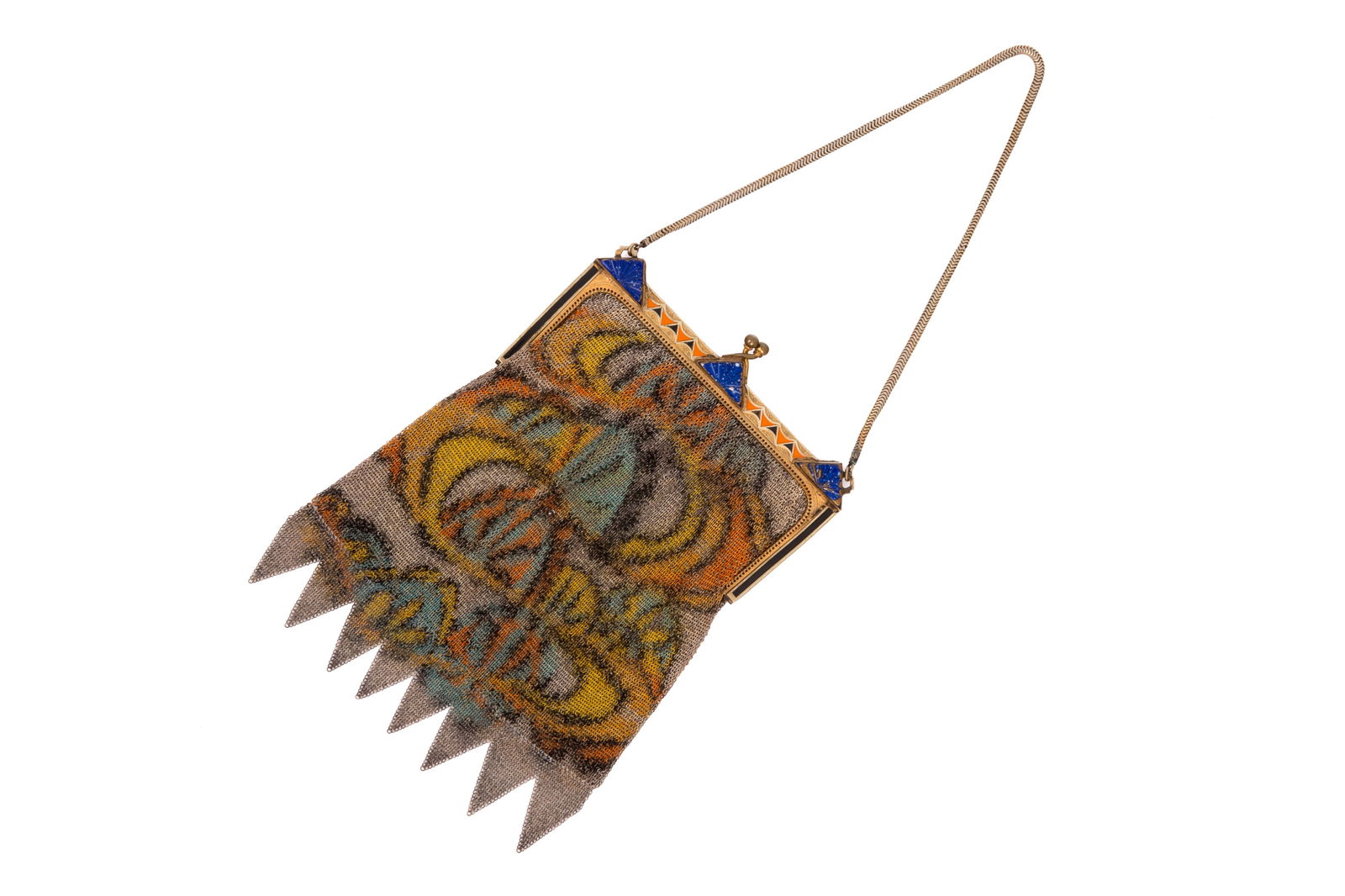 VINTAGE ART DECO PAINTED DRESDEN MESH EVENING BAG: With satin lining and an interior pocket. Please note lining is ripped. Stamped Whiting and Davis on the inside clip.H. 7 1/4" (18.3cm) x W. 4 7/8" (12.3cm) Pouch H. 5 1/4" (1.3cm)