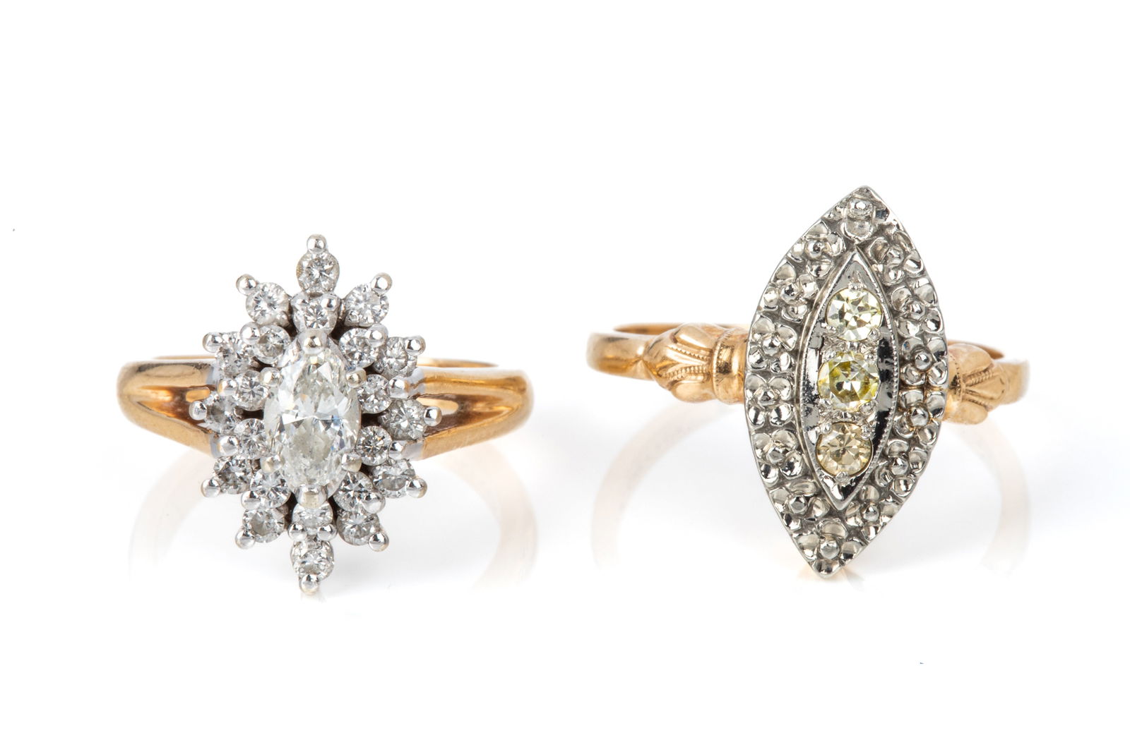 14K DIAMOND CLUSTER RING PAIRING 9.5g: 14K yellow and white gold marquise shaped ring measuring 17.2mm long by 5.4mm tall. Featuring 3 round brilliant cut diamonds. Size 7.54.1 grams 14K yellow and white gold marquise cluster ring measurin