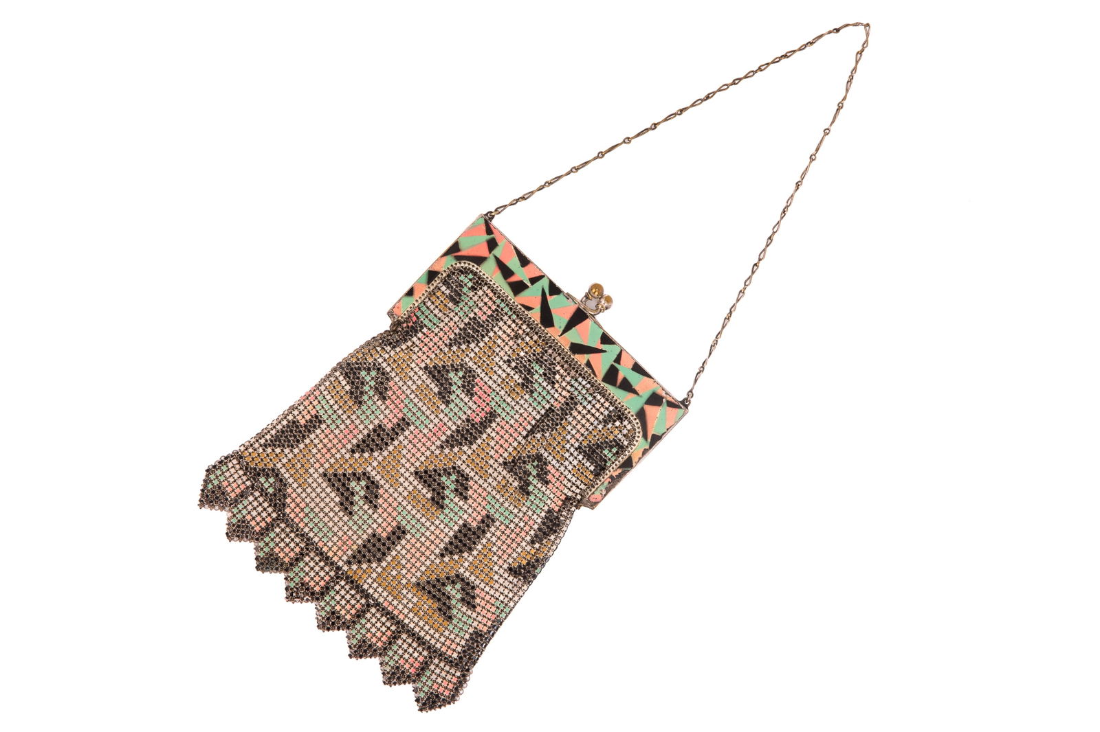 ANTIQUE ART DECO PAINTED MESH BAG: With metal tag on inside stamped Whiting and Davis. H. 7" (17.8cm) x W. 5" (12.7cm)Pouch H. 5 1/4" (13.3cm)
