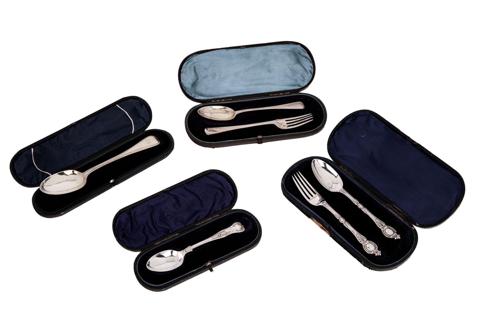 FOUR CASED SETS OF CHILD'S FLATWARE, 200g: Four cased child's sets in mixed patterns. Sterling 200 grams