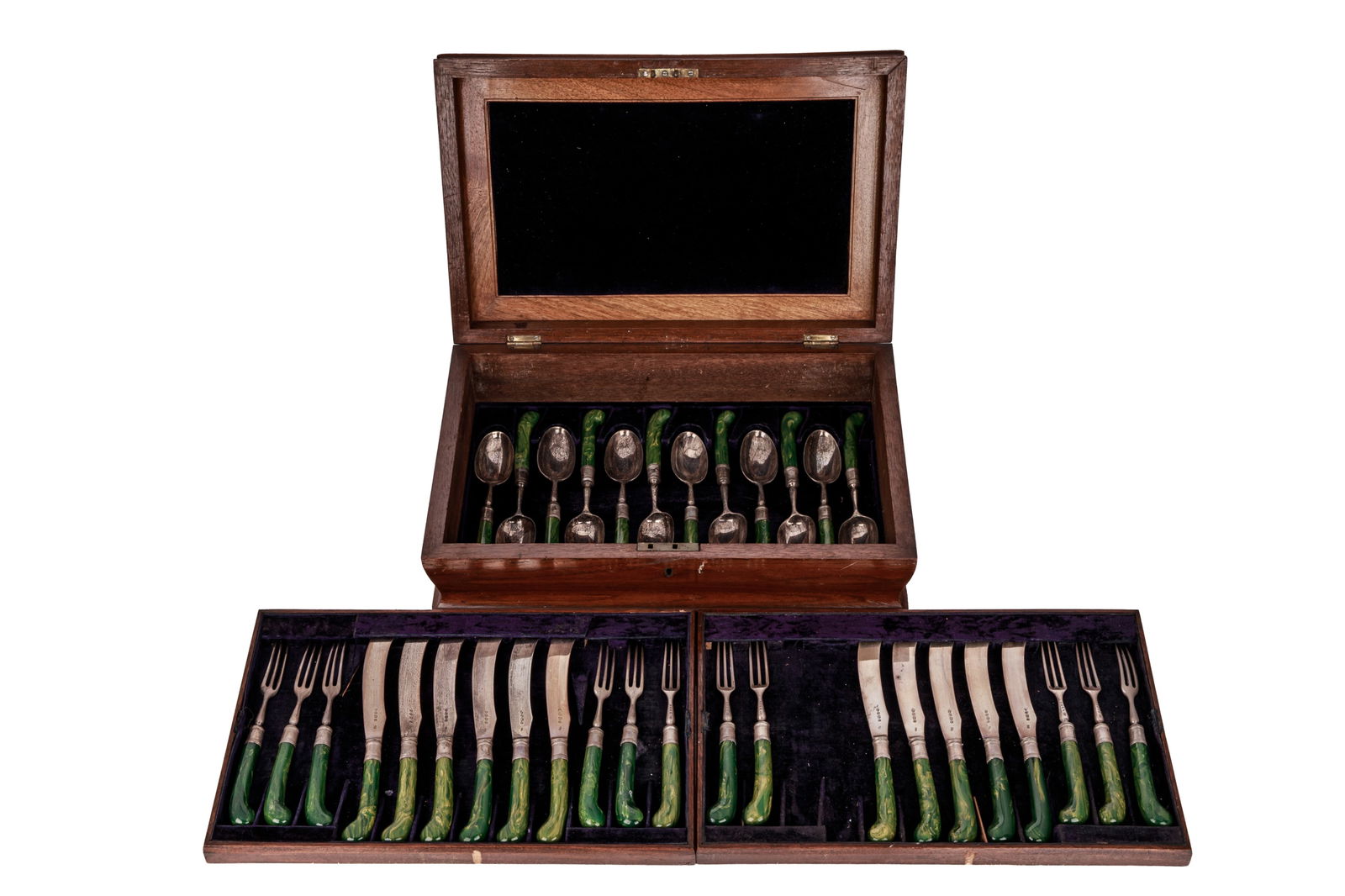 LARGE VICTORIAN SILVER BLADED FRUIT SET: London 1878 by George Adams In an early 18th century style with unusual green dyed early baklite/plastic handles34 pieces, Two missing