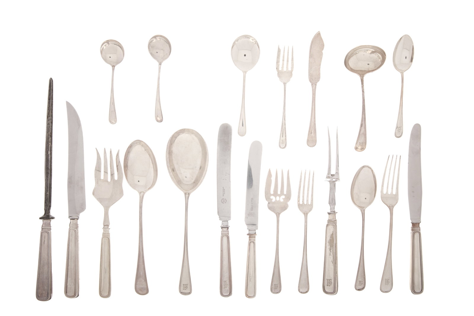 BIRKS SILVER SAXON PATTERN FLATWARE SET, 3835g: A service of Birks Saxon pattern flatware including 12 Dinner Knives 12 Luncheon knives 6 table spoons two large serving spoons13 luncheon spoons 8 soup spoons 13 dessert spoons 8 tea spoons 14 dinner