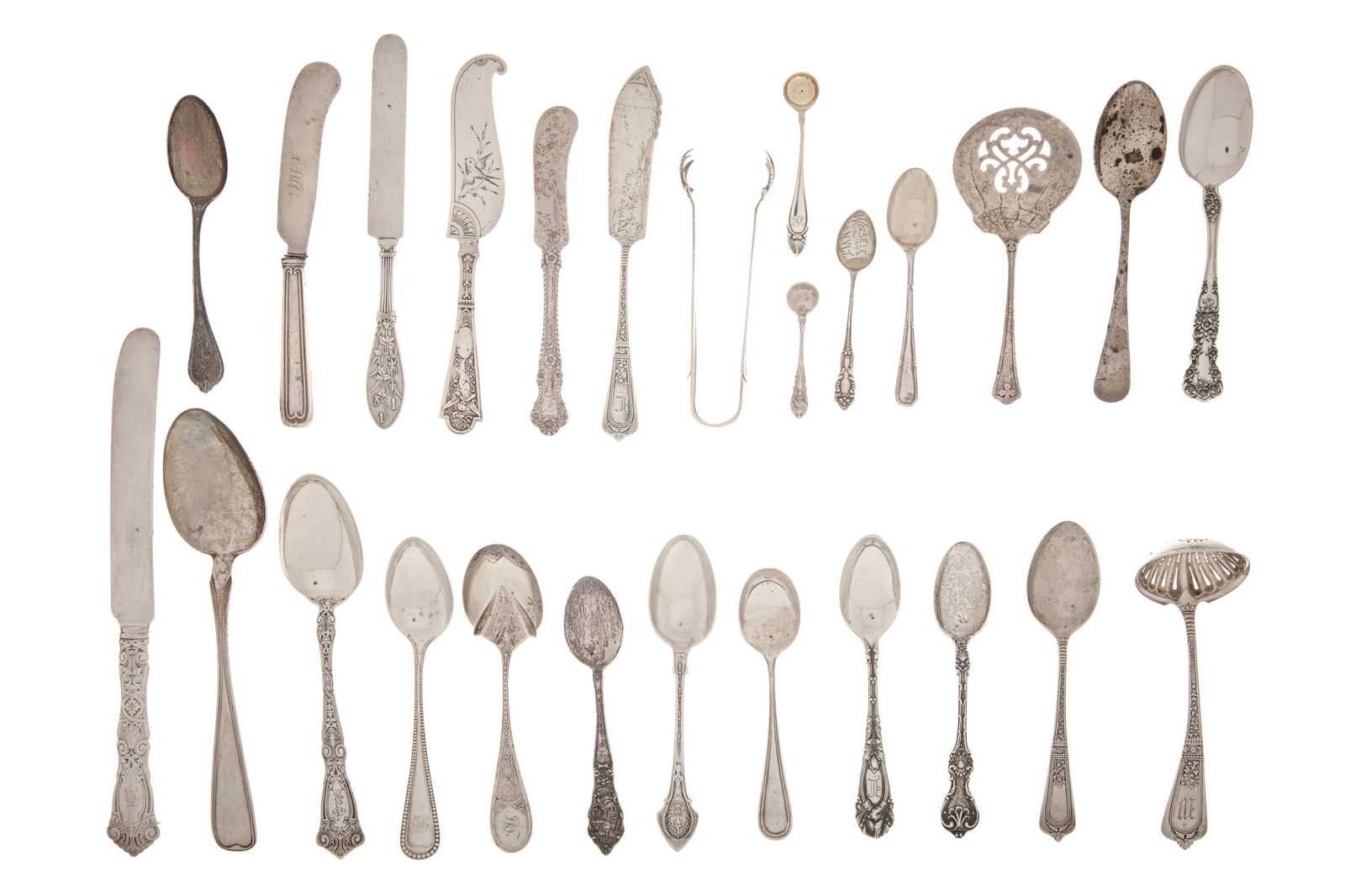 GROUP OF ART NOUVEAU SILVER FLATWARE, 940g: 940 grams plus five knives