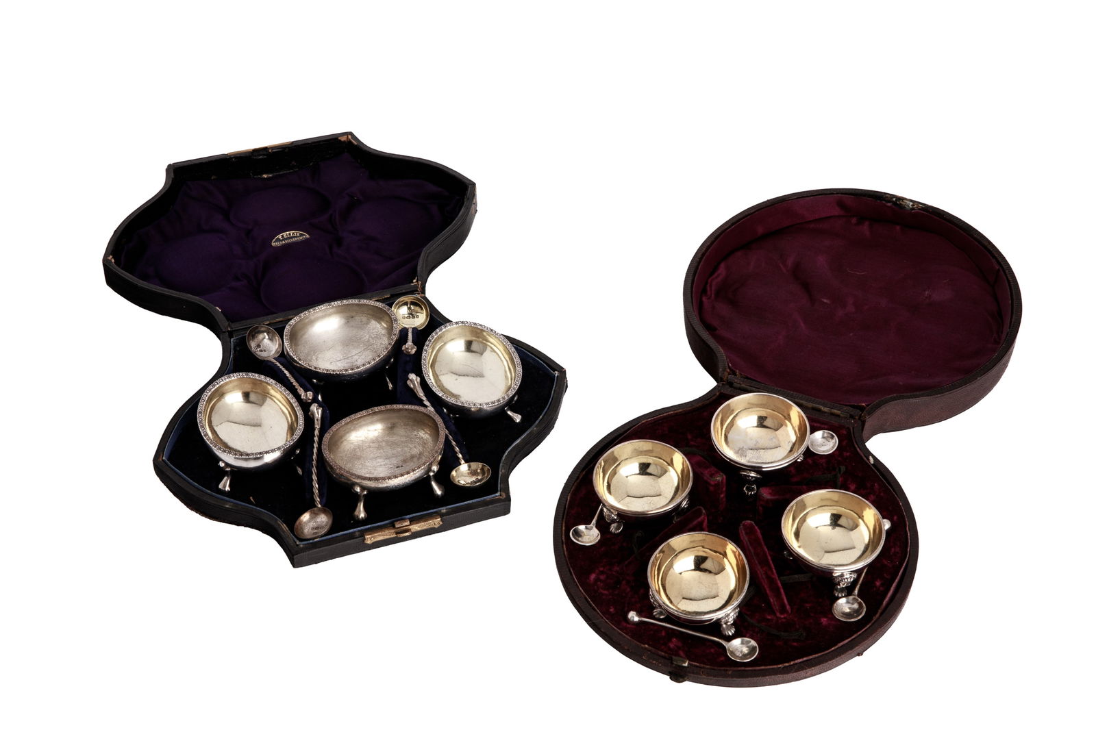 TWO CASED SETS OF ENGLISH SILVER SALTS, 344g: Two cased sets of Victorian salts and spoons 344 grams sterling