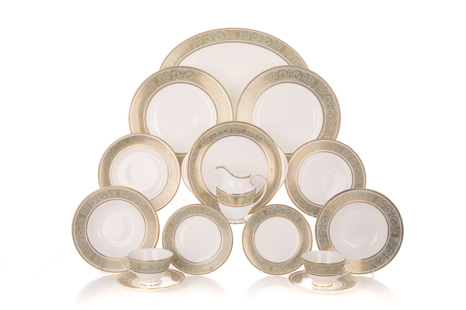 56 PC ROYAL DOULTON RENAISSANCE PORCELAIN SERVICE: Dinner set in English Renaissance pattern, gold scrolls on sage green rim with gold trim. Pattern issued from 1963-1996, now discontinued. Makers marks to the underside of each piece. Set iscomprised