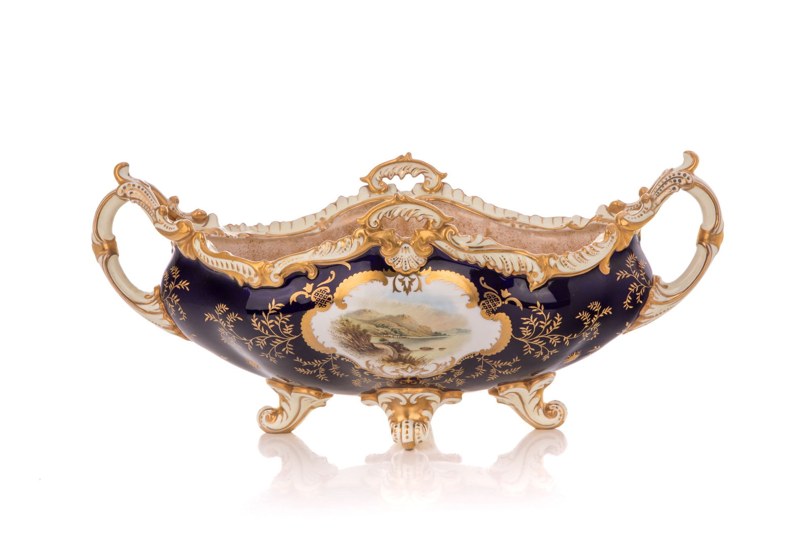 ENGLISH COALPORT PORCELAIN CENTREPIECE: With hand painted landscape scene, cobalt and gilded border. H. 6 1/2" x W. 13 1/2" x D. 6 1/4"
