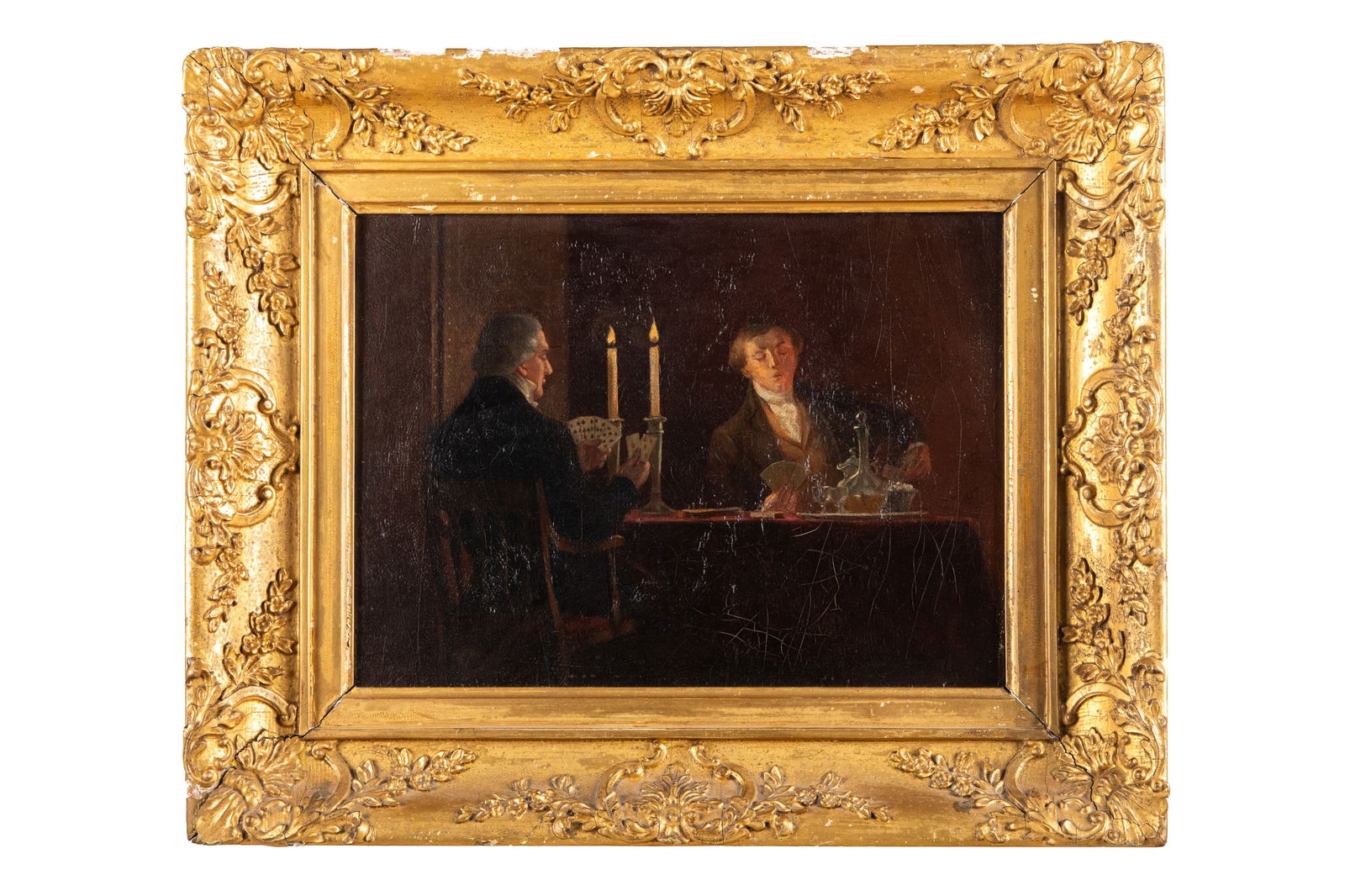 19th C ENGLISH SCHOOL: A Cardgame by Candlelight Oil on canvas H. 9 1/2" x W. 12 1/2"