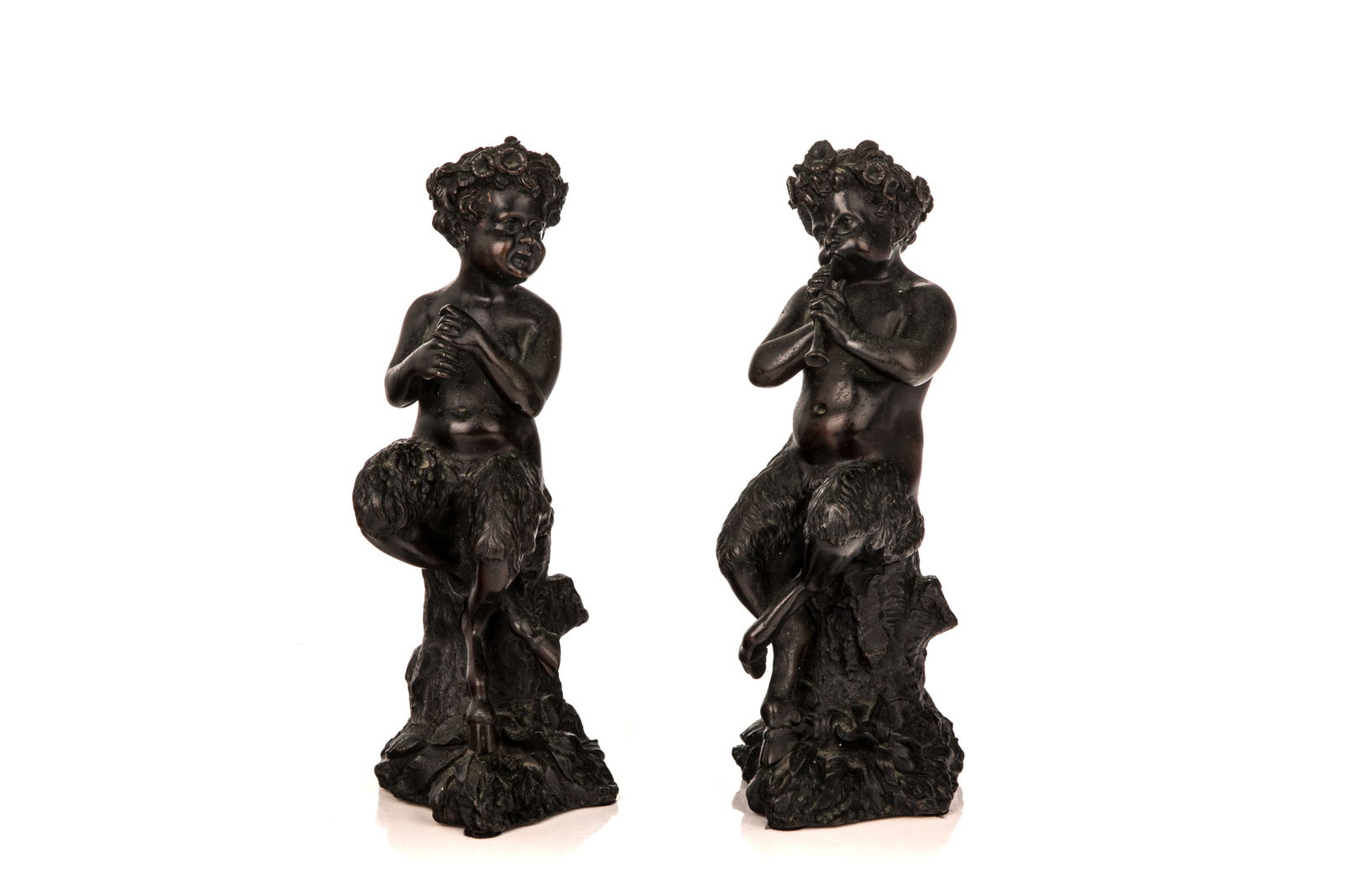 PAIR OF ITALIAN BRONZE SATYRS: Each playing an instrument (one missing). Italian, 20th C. H 10"