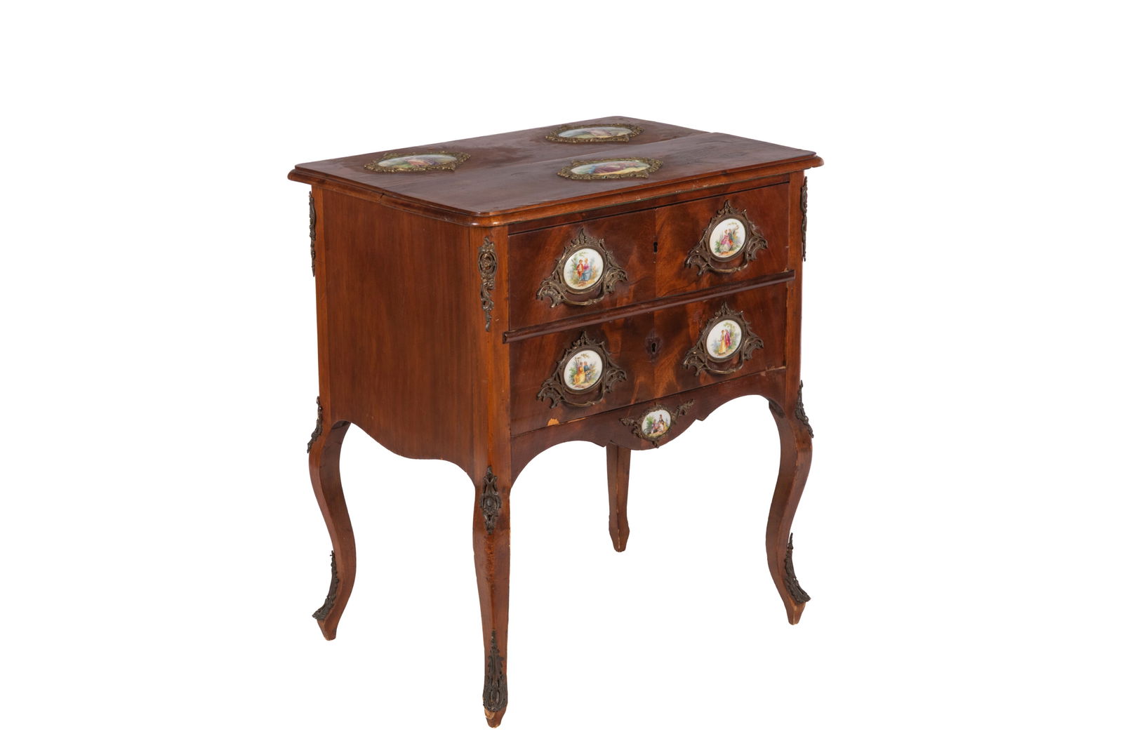 LADY'S PETITE FRENCH WRITING DESK: Mahogany desk with bronze mounts and decorative French porcelain hand painted applied plaques. The top opens to a green felted top. Losses to veneer on back, French, early 20th C. H.: 31 1/4" x W.: 27