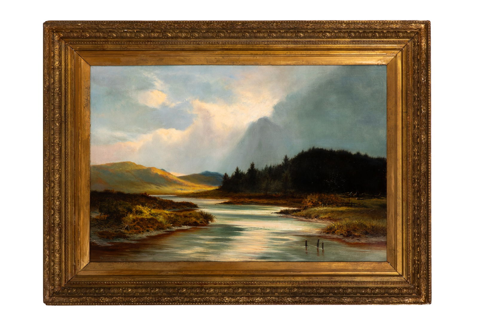 JOHN SINCLAIR (British, act. 1872-1922): Riverscape Oil on canvas Signed and dated "Sinclair 1875" bottom rightH. 24" x W. 36 1/4"