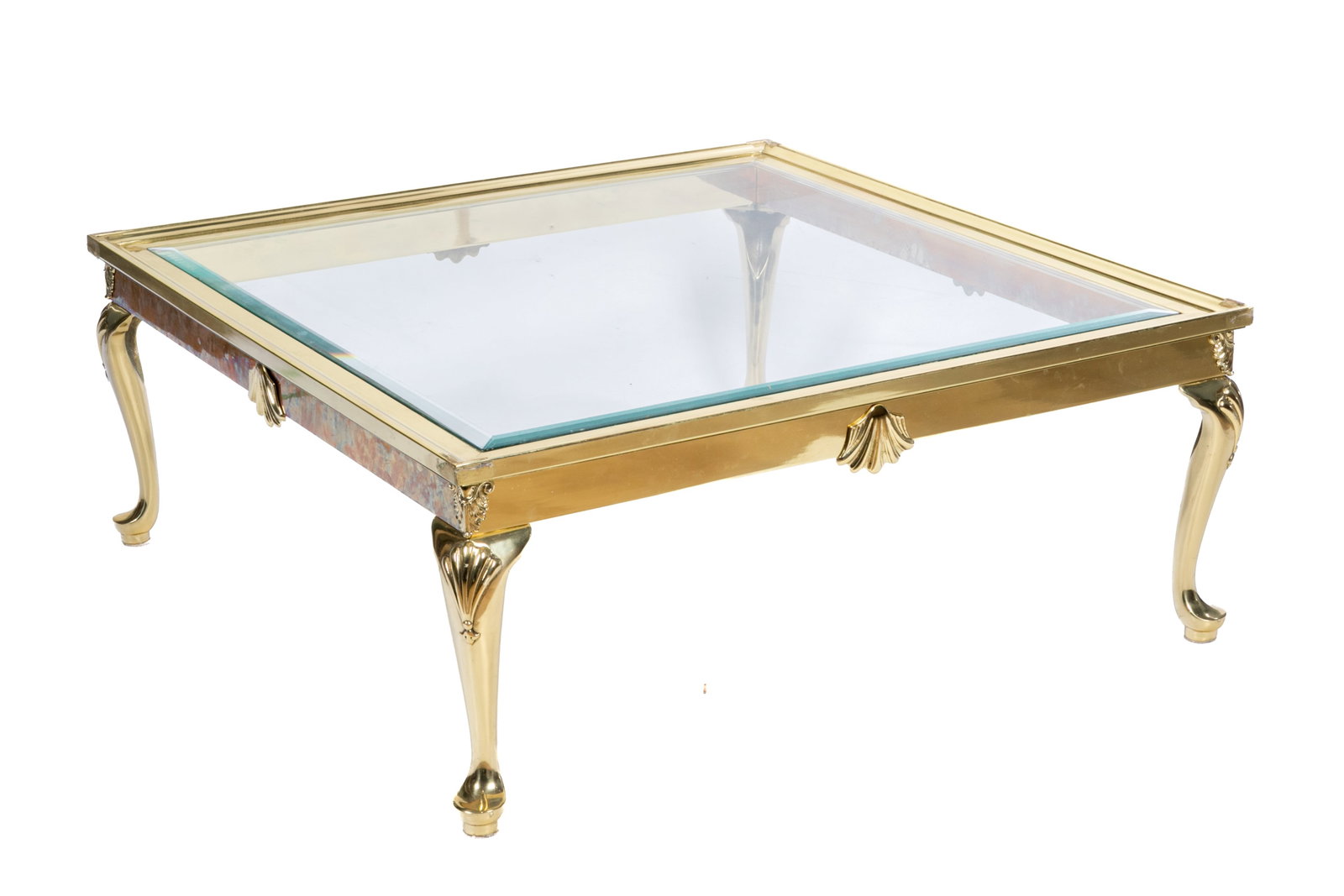 VINTAGE BRASS & GLASS SQUARE COFFEE TABLE: Queen Anne style legs with shell caps, beveled glass insert. H 16" x W 40" x D 40"