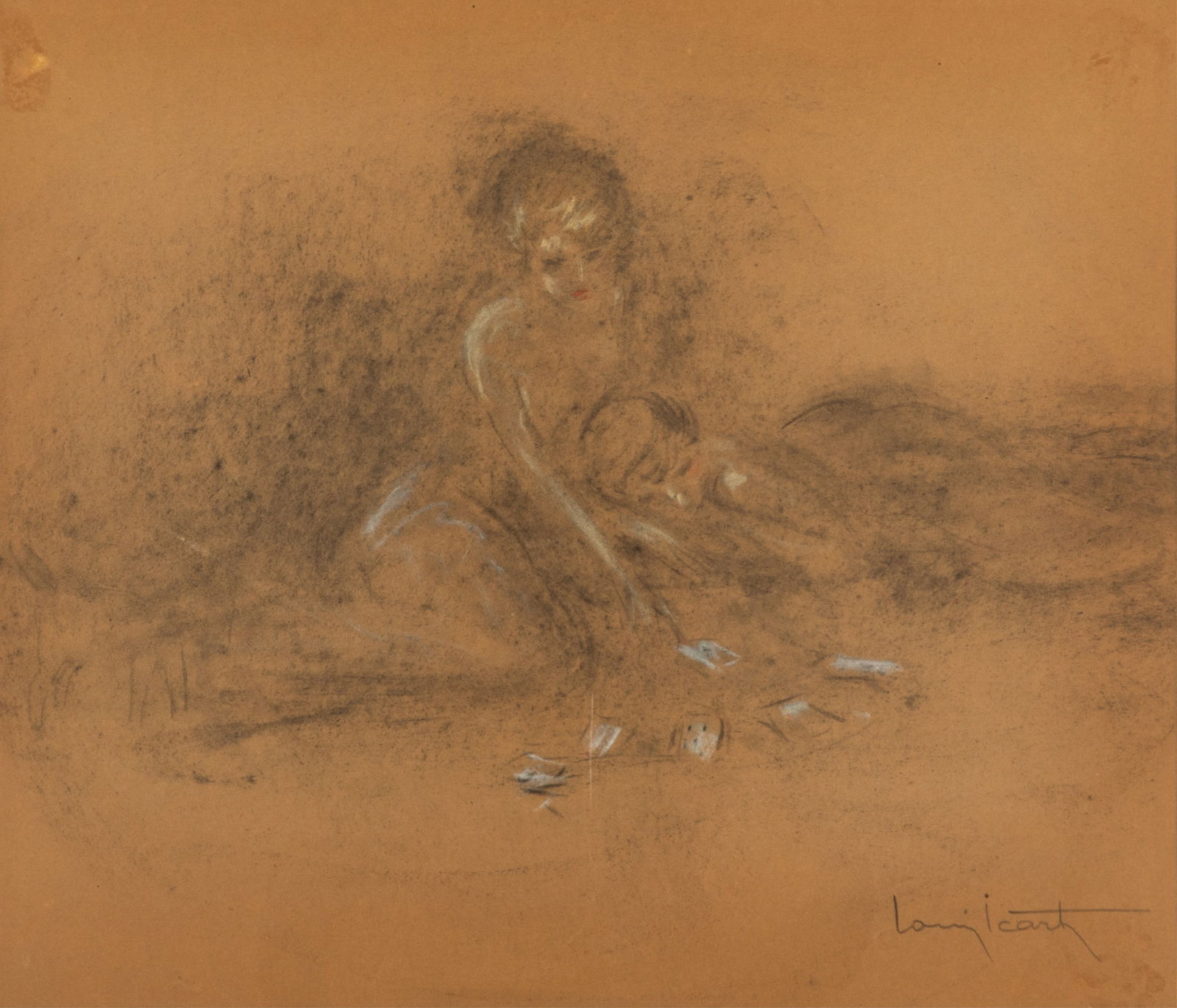 LOUIS ICART (French, 1888-1950): Solitaire Charcoal / pencil crayon Signed bottom rightSight measurements: 16" x 18 3/4"