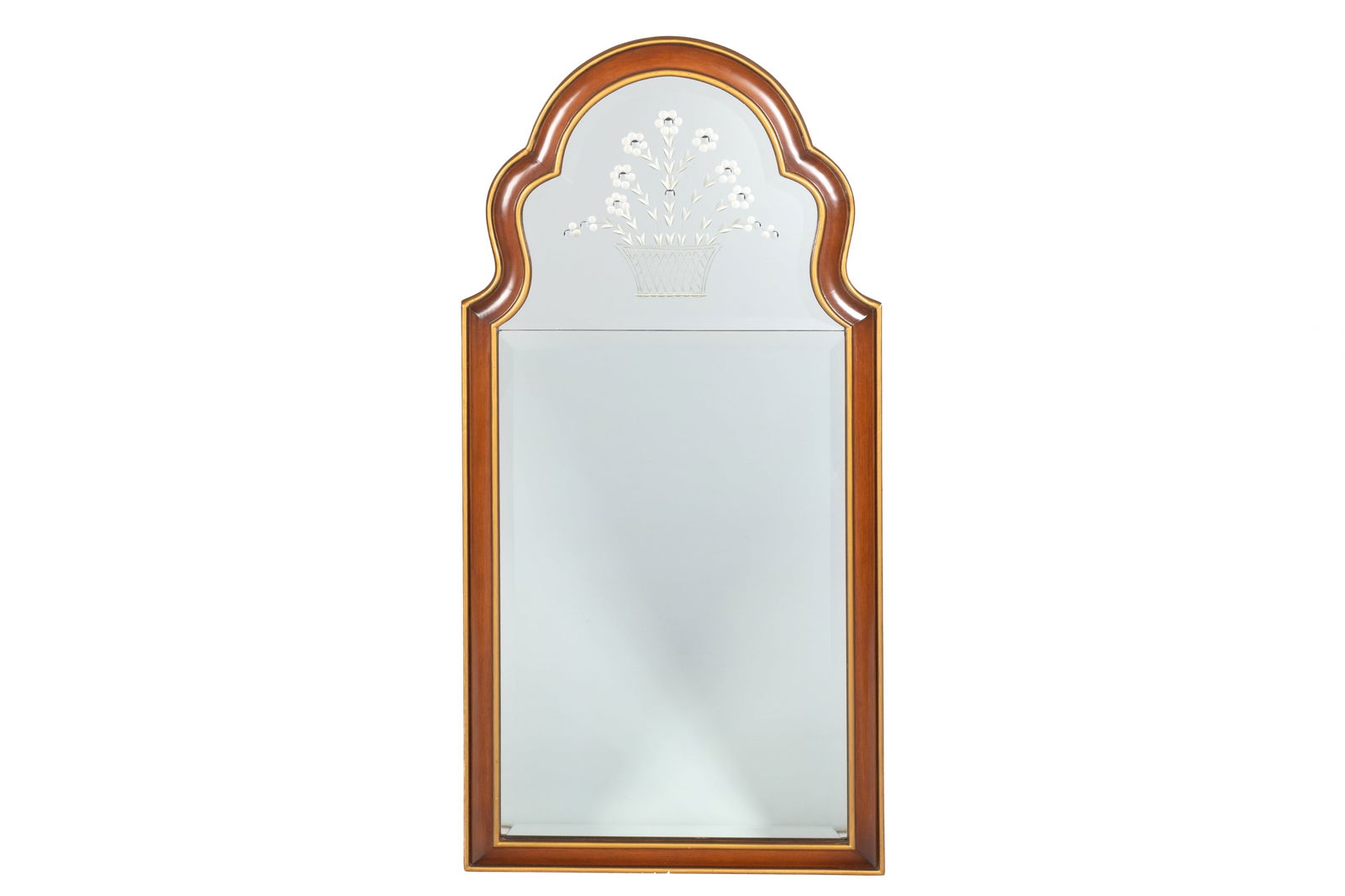 MAHOGANY AND GILT FRAMED MIRROR WITH ETCHED BASKET: L.: 52" x W.: 26"