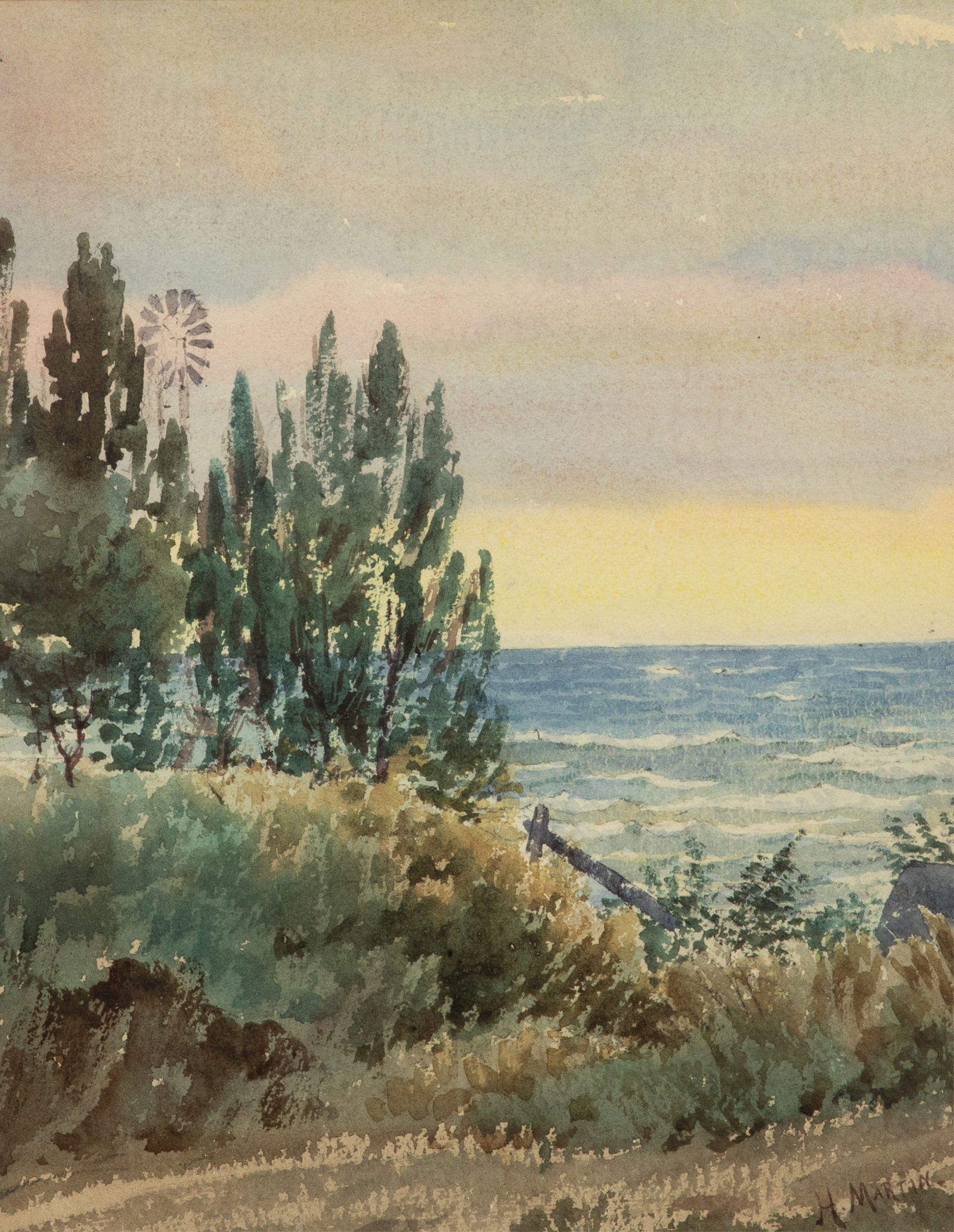 H. MARTIN (19th/20th C): Lakeshore" (1900) Watercolour on paper Signed lower right and on versoSight H. 14 1/4" x W. 11