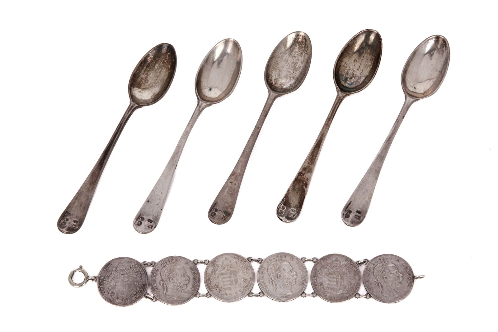 MIXED SILVER GROUPING 157.2g: 900 silver 1 Forint silver coin bracelet, Hungary, 1869 and 1868, measuring 8.25 inches long by 29.1mm wide. 76.3 grams5 sterling silver tea spoons. 81 grams