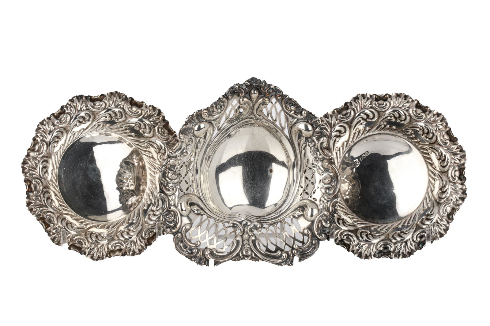 THREE ENGLISH SILVER NUT DISHES, 202g: One heart shaped all pierced, 202 grams