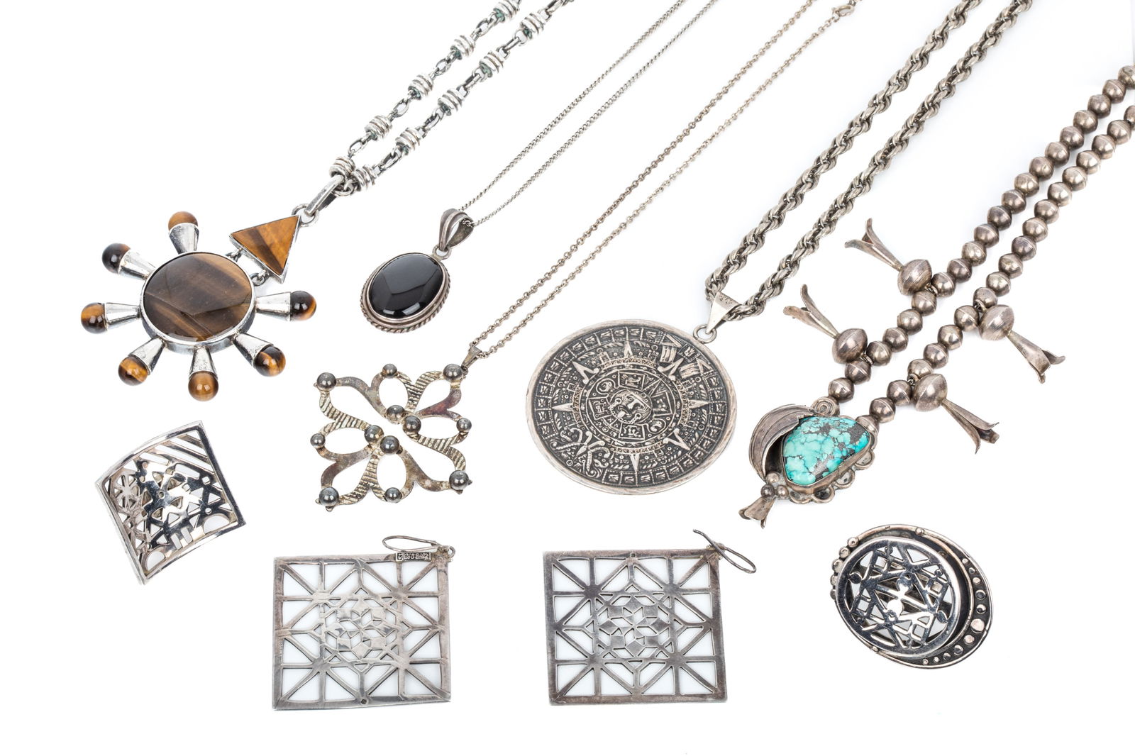 MIXED SILVER STATEMENT JEWELLERY 318.5g: Artisan silver handmade hollow bead necklace with matrix turquoise centerpiece measuring 42.4mm long. Necklace measures 17.5 inches long by 7.5mm thick (beads).51.9 grams Artisan silver square earring