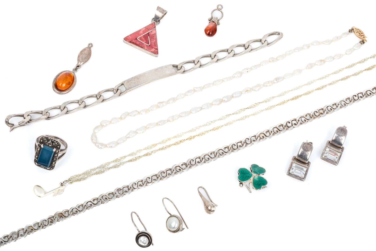 MIXED SILVER JEWELLERY 90.9g: 16 inch freshwater rice grain pearl necklace with 14K yellow gold clasp. 8.3 grams 925 silver fancy link chain measuring 15.5 incheslong by 6.4mm wide. 18.8 grams Sterling 20 inch long chain and music